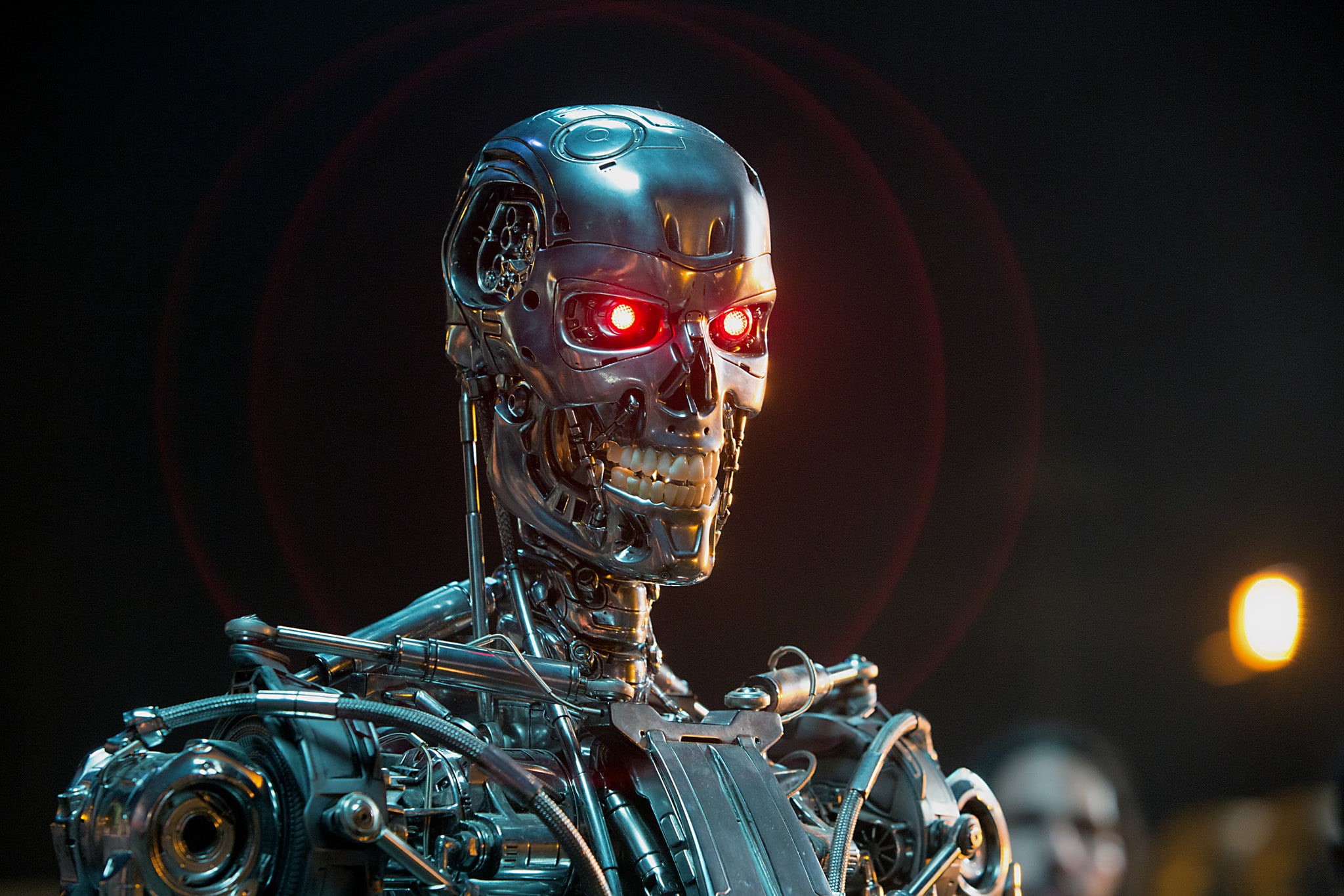 equipment, indoors, lighting Equipment, robot, antique, modern, technology, headlight, side view, focus on foreground, bicycle, illuminated, Terminator: Genesis, HD Wallpaper