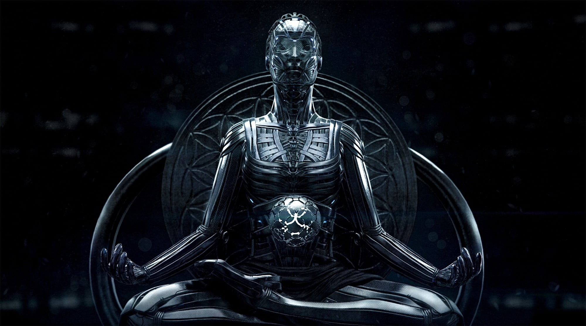 1080P, front view, single object, black background, robot, digital art, meditation, sculpture, focus on foreground, no people, human skeleton, technology, HD Wallpaper