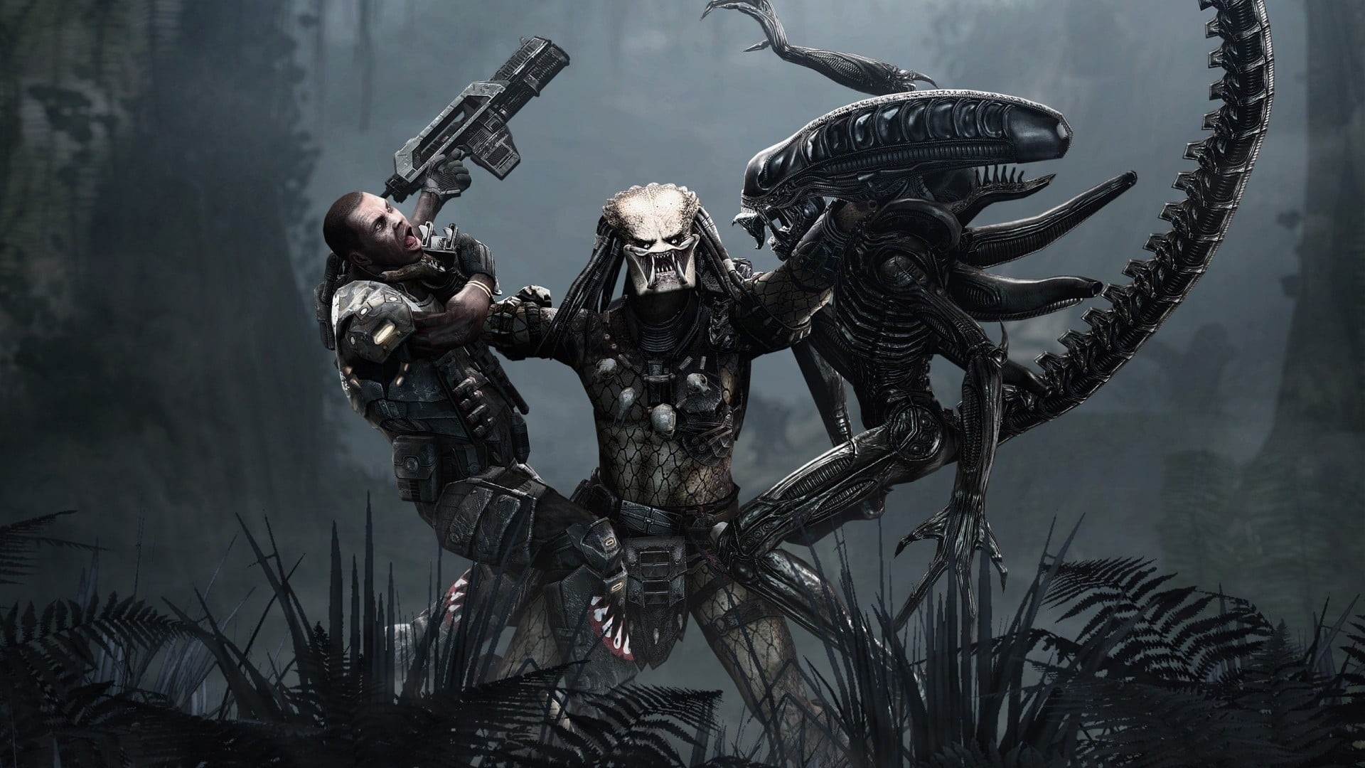 battle, creativity, illustration, art and craft, alien, lake, Predator (movie), movies, spooky, water, 1080P, Aliens (movie), metal, day, focus on foreground, HD Wallpaper