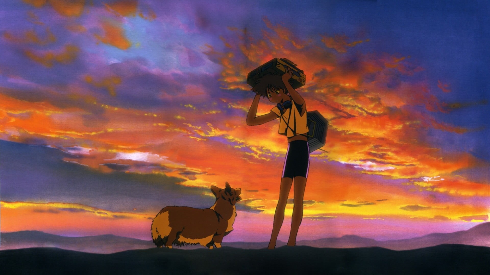standing, horse, fire, domestic, 1080P, holding, one person, adult, sunset, domestic animals, one animal, anime girls, cloud - sky, mammal, dog, women, HD Wallpaper