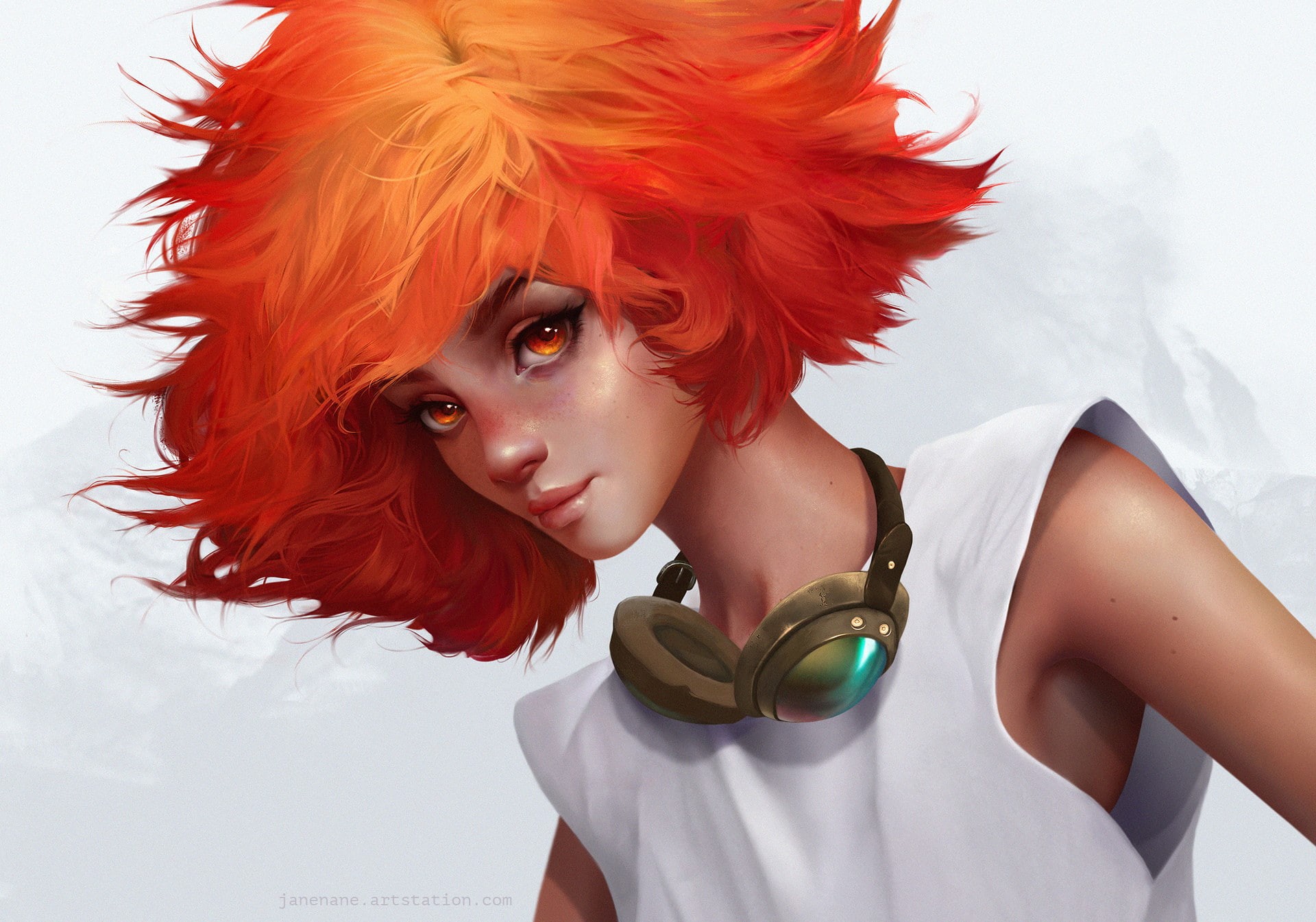 portrait, hairstyle, redhead, artwork, white color, casual clothing, women, adult, young women, fashion, dyed hair, drawing, orange, young adult, 1080P, HD Wallpaper
