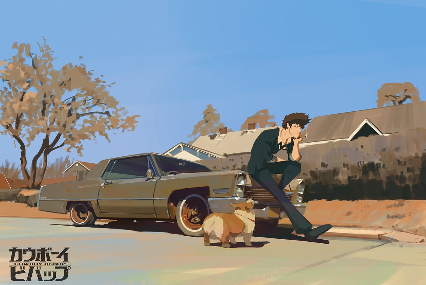 young adult, Japanese, motor vehicle, outdoors, nature, full length, illustration, clear sky, dog, anime boys, real people, leisure activity, transportation, HD Wallpaper