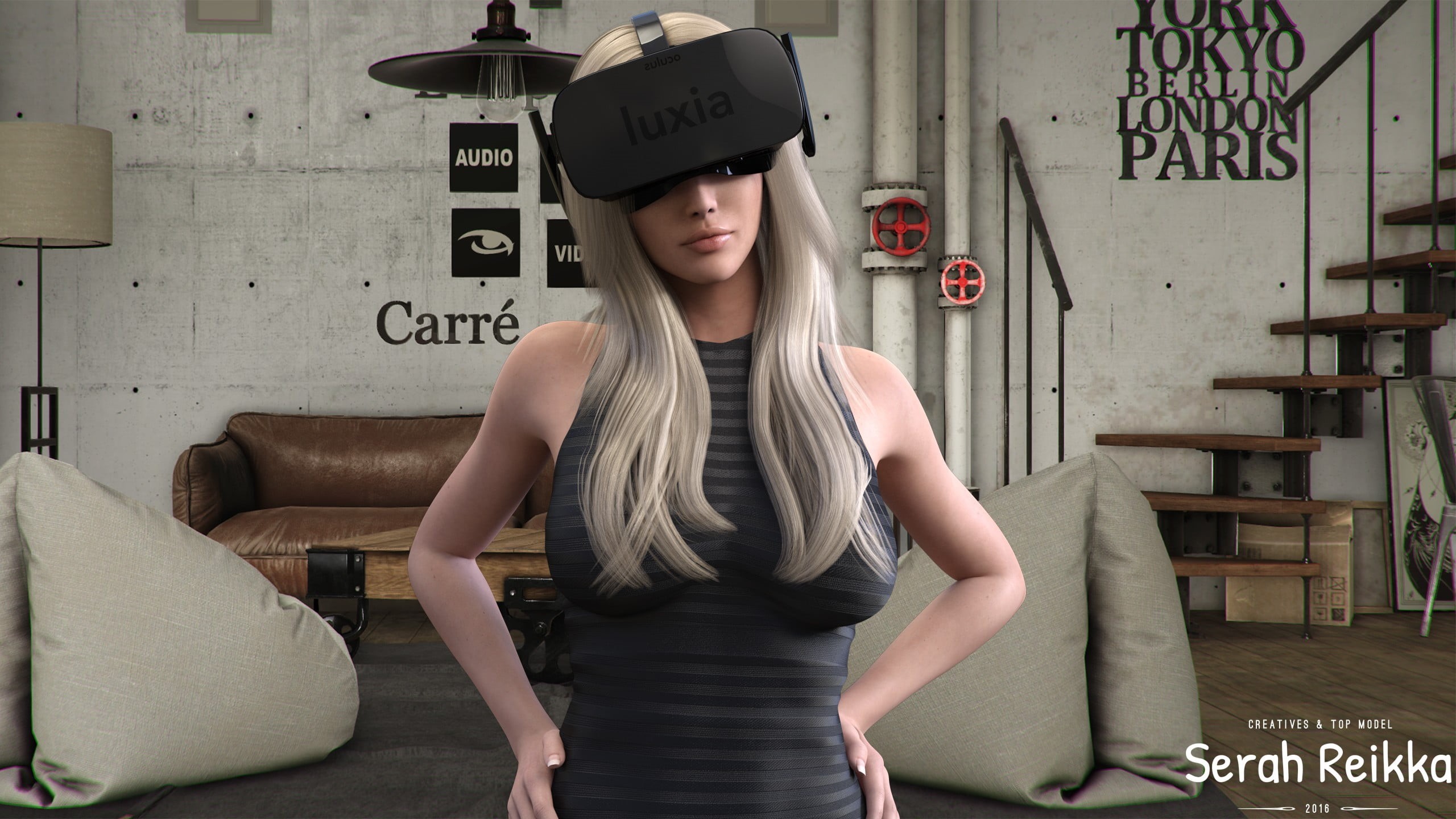 cap, nails, virtual reality, looking at camera, text, 2K, fashion, blonde, standing, render, indoors, one person, lifestyles, serah, three quarter length, HD Wallpaper