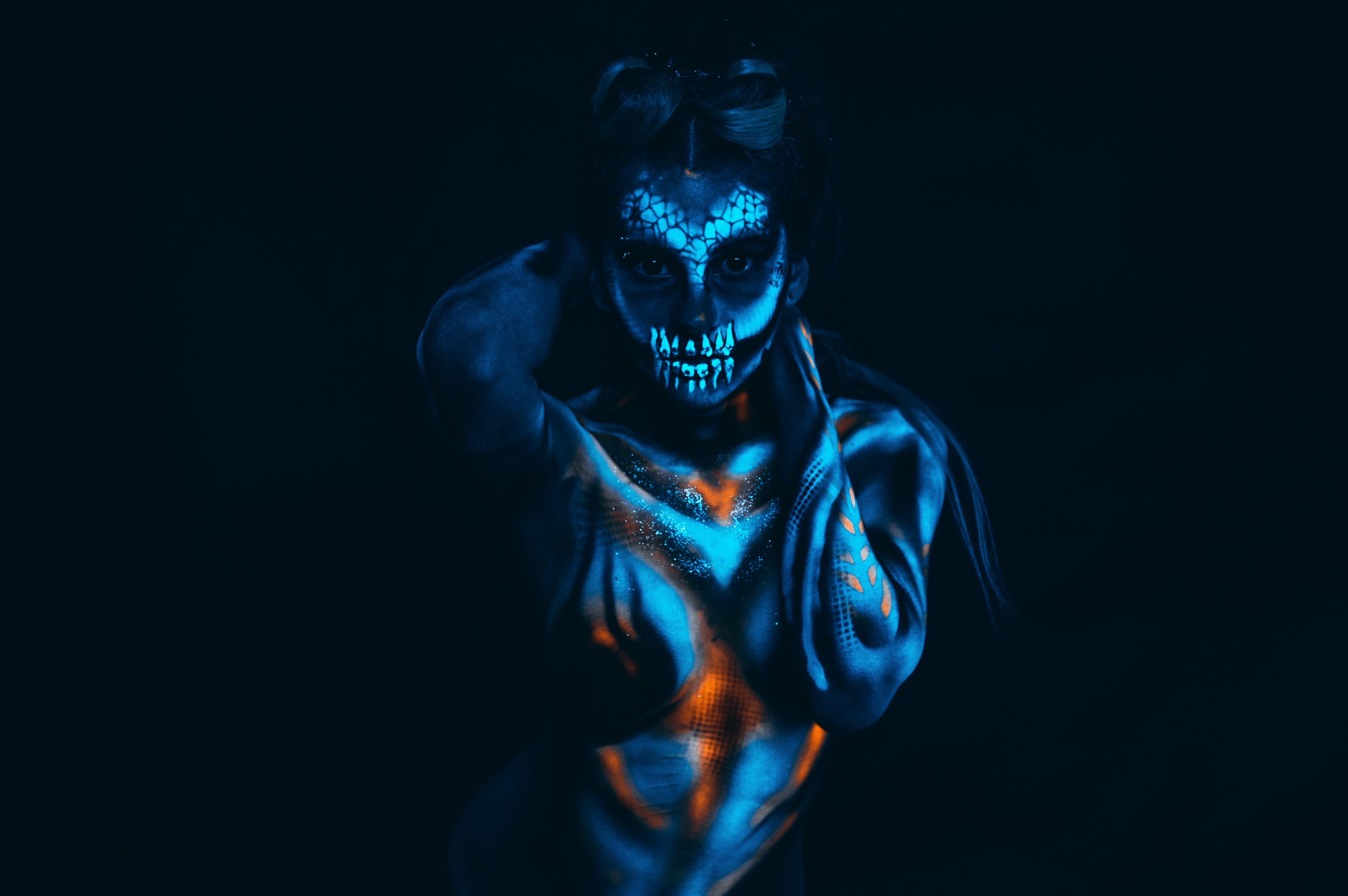 futuristic, people, backgrounds, dark, face makeup, avatar, mystery, body paint, black Color, fantasy, halloween, black Background, uv, caucasian Ethnicity, HD Wallpaper