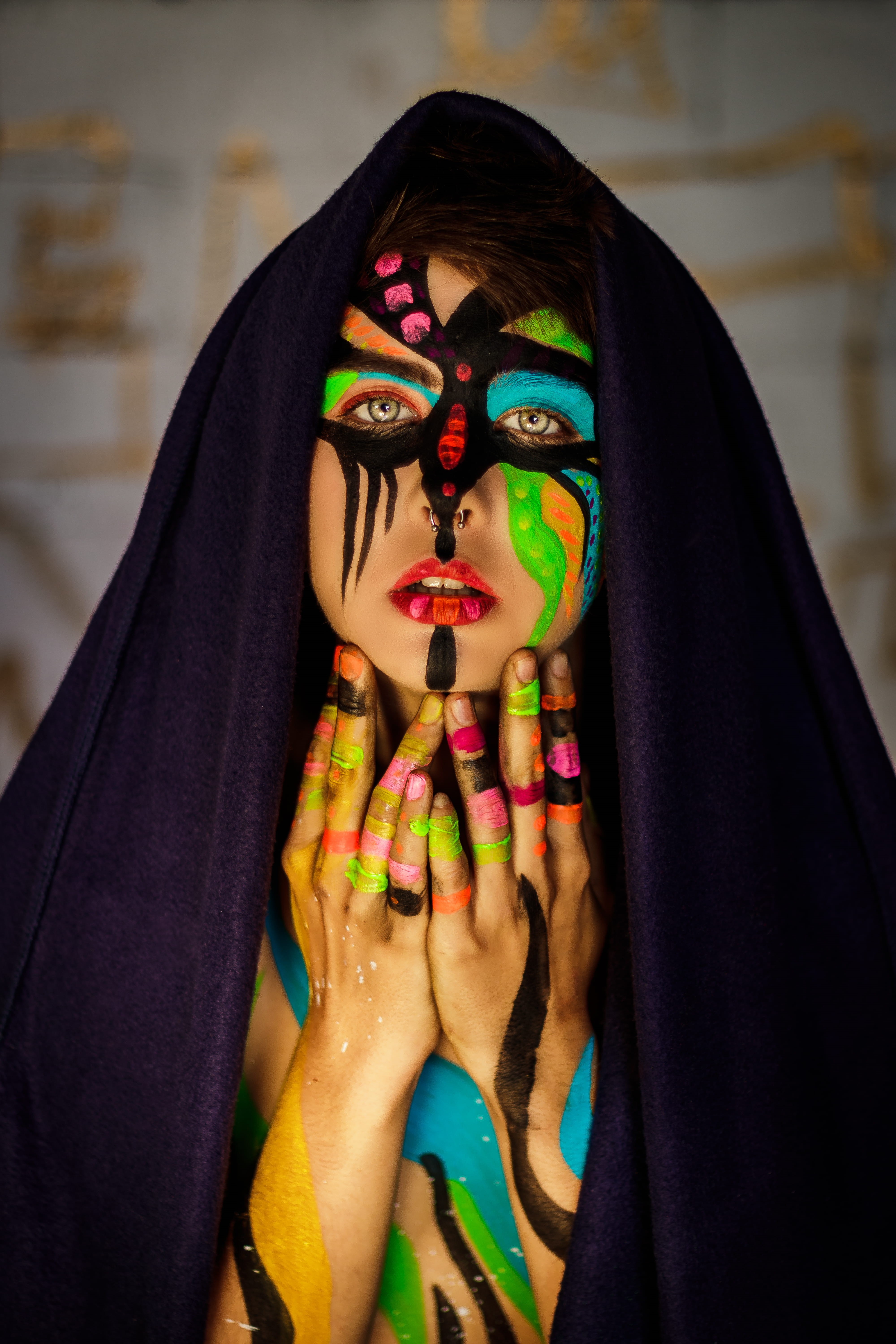 women, strong, art, apparel, colour, multicolored, young adult, obscured face, bodypaint, young women, facial, front view, 5K, multi colored, colourful, Phone HD Wallpaper