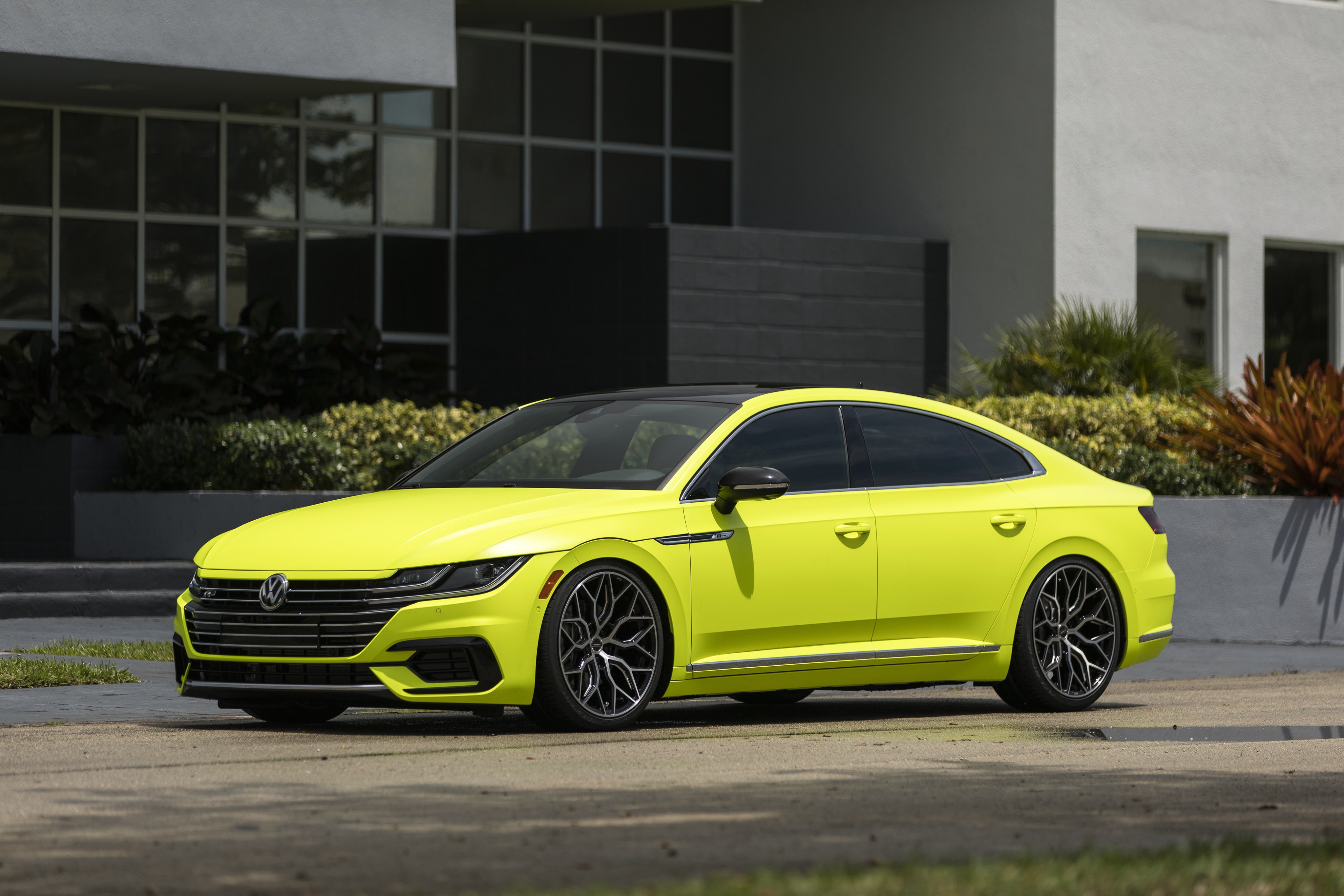 land vehicle, transportation, stationary, building exterior, yellow cars, building, no people, Volkswagen Arteon, parking, motor vehicle, luxury, fluorescent, HD Wallpaper