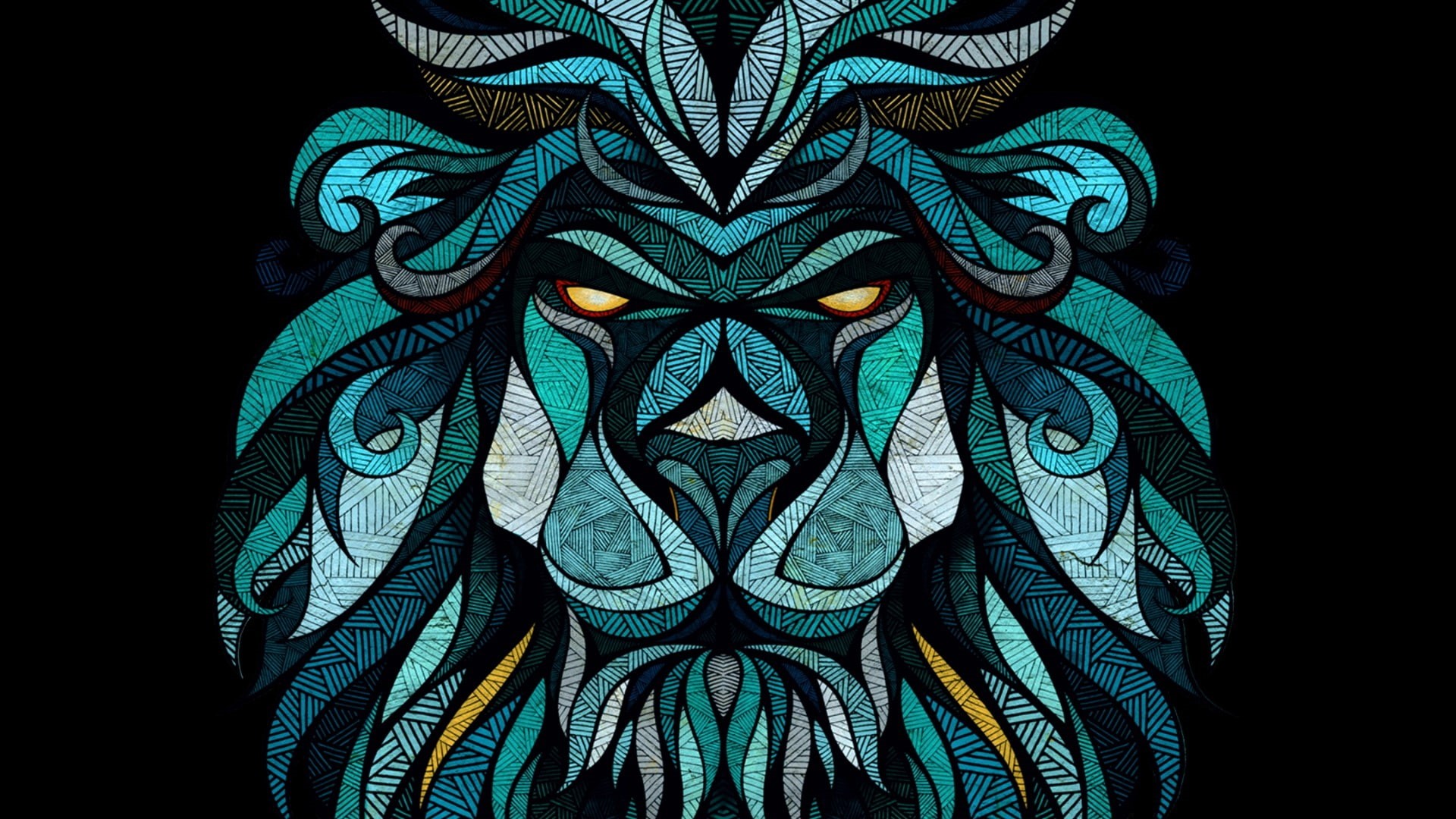 1080P, art, symmetry, turquoise, pattern, graphics, fractal art, illustration, teal, lion, HD Wallpaper