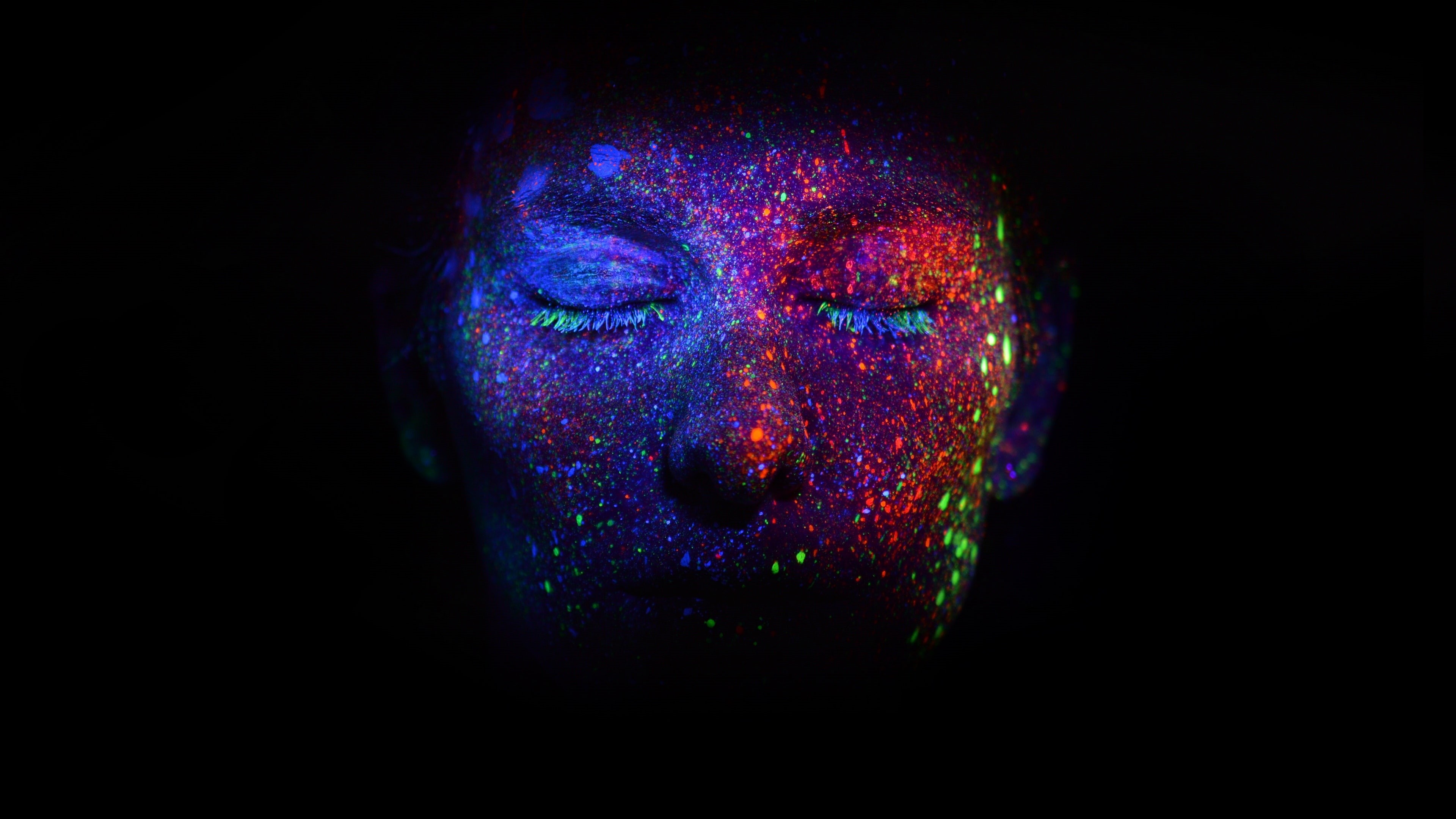 illuminating, art, close up, artwork, face, body painting, light, night, 4K, neon, darkness, illuminate, HD Wallpaper
