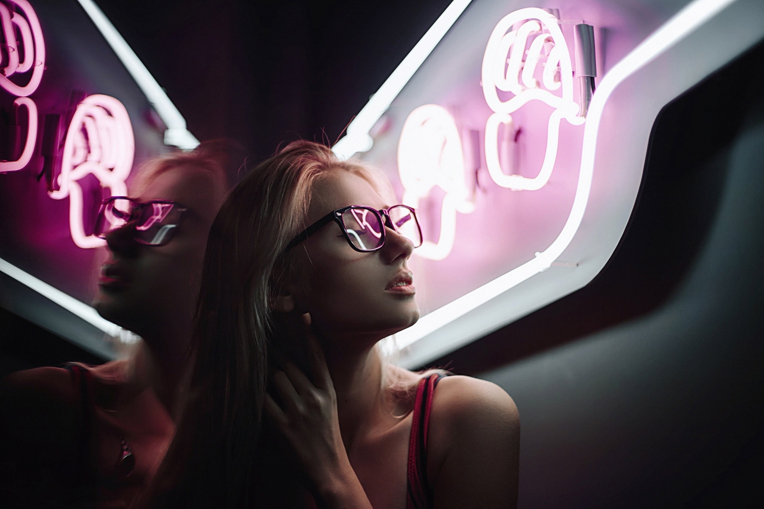 young adult, dark, night, fashion, portrait, reflection, illuminated, indoors, neon, women, headshot, closed eyes, one person, nightlife, hair, young women, HD Wallpaper