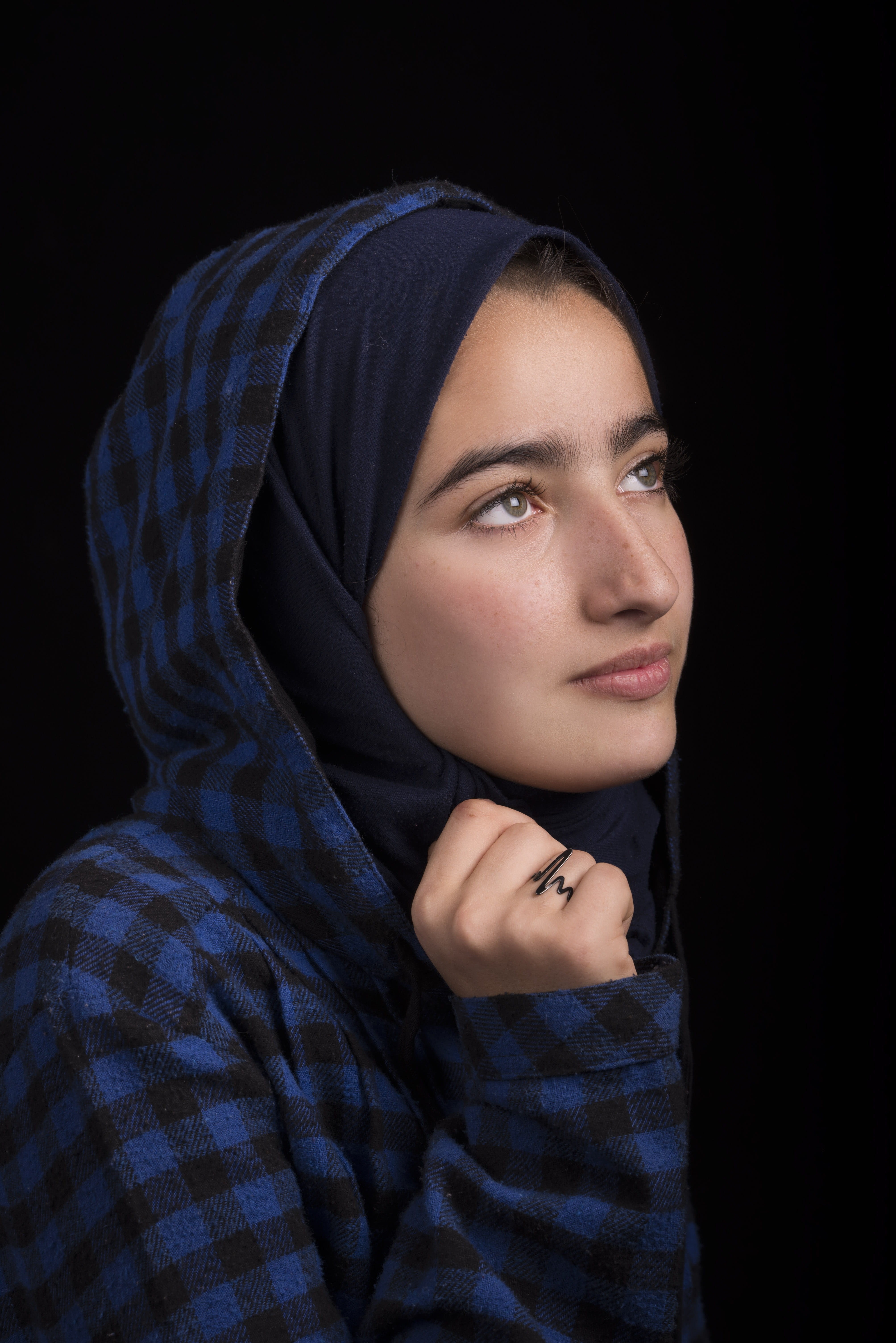 scarf, blue, beautiful, young women, female, young adult, close-up, portrait, pretty, girl, facial expression, black, indoors, headscarf, face, women, glamour, Phone HD Wallpaper