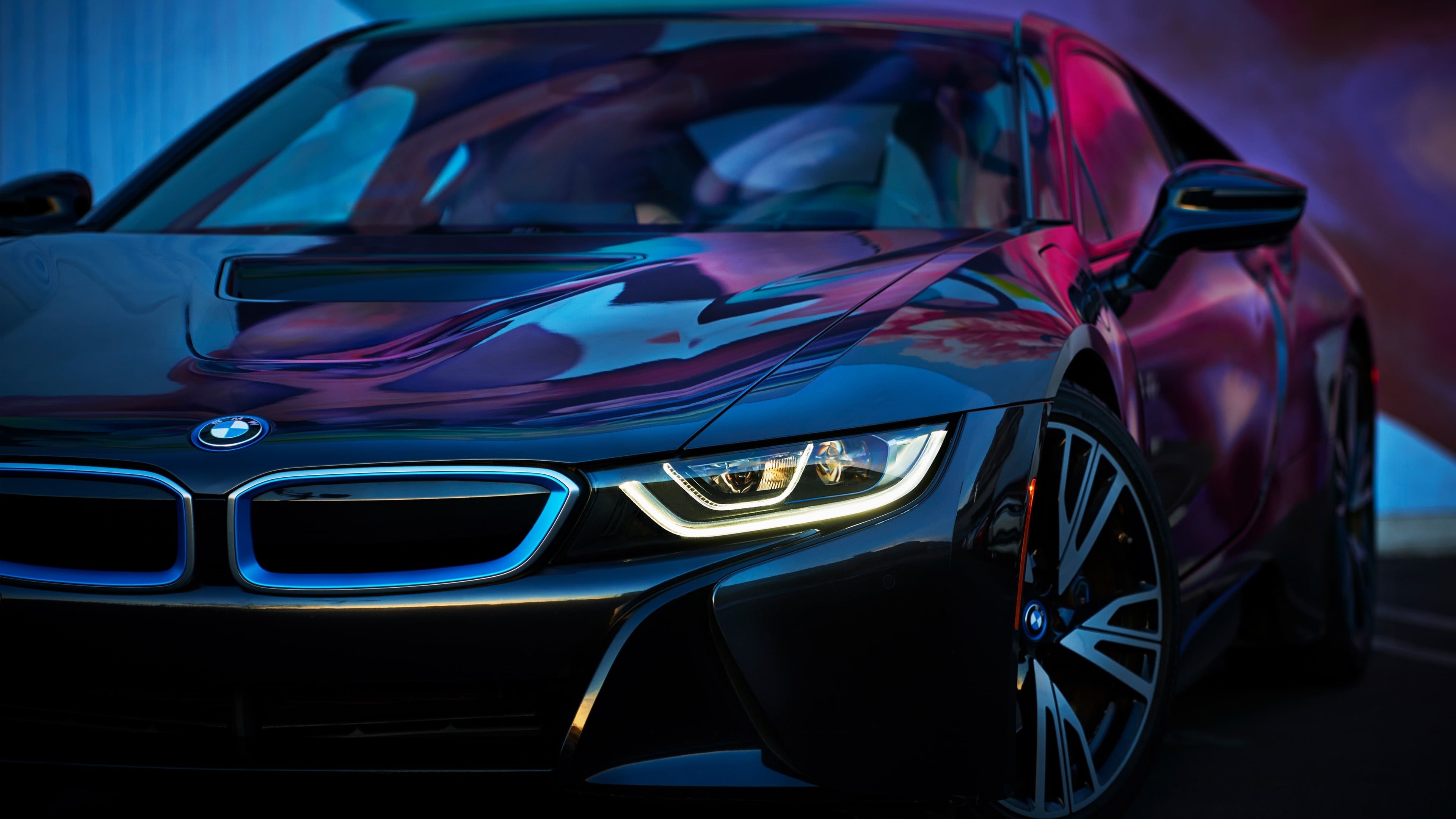glass - material, sports car, no people, close-up, automotive lighting, car, illuminated, focus on foreground, luxury car, reflection, headlight, bmw i8, HD Wallpaper