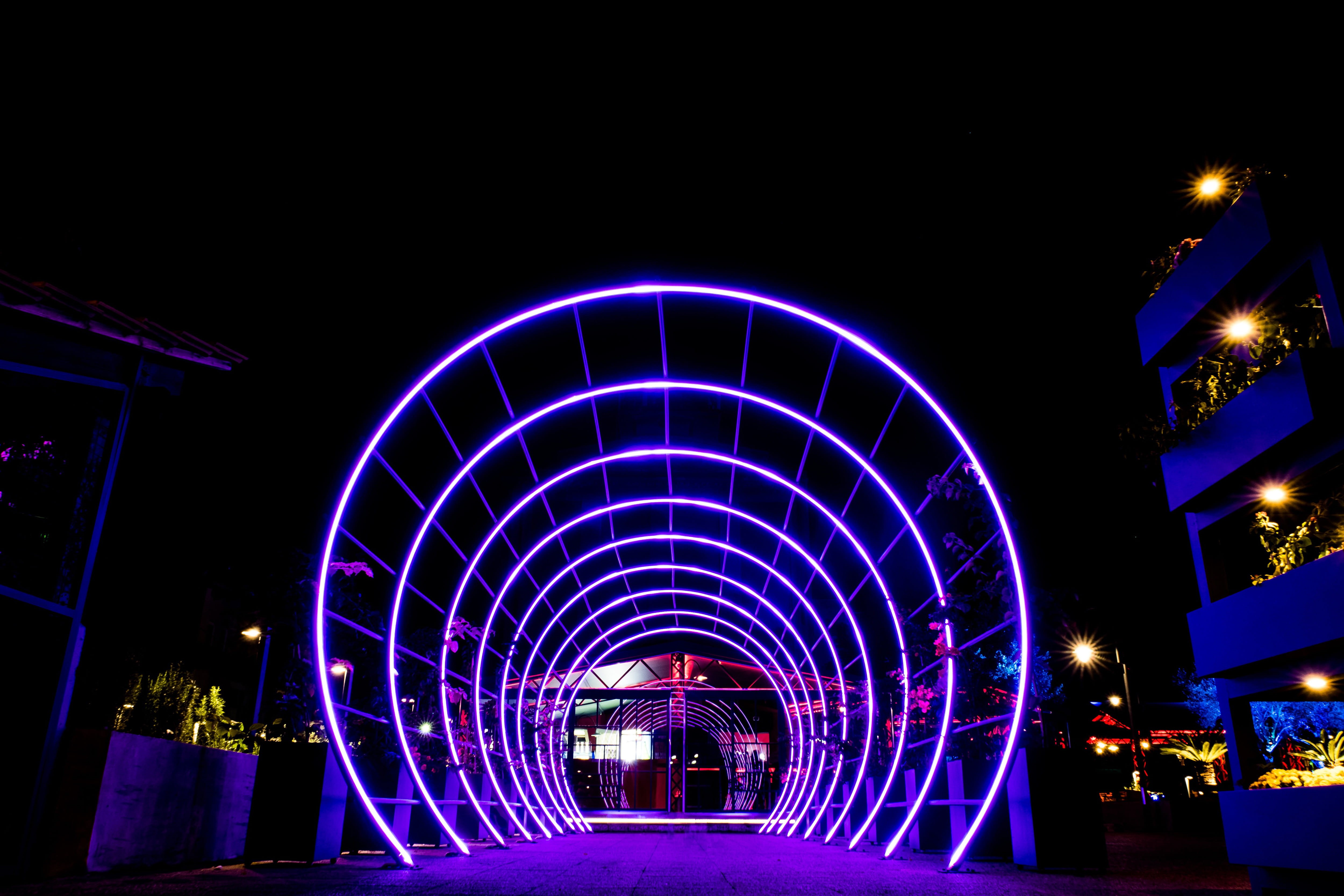 travel destinations, architecture, tunnel, glowing, built Structure, neon, amusement park, lighting Equipment, motion, arch, sky, illuminated, Night, no people, HD Wallpaper