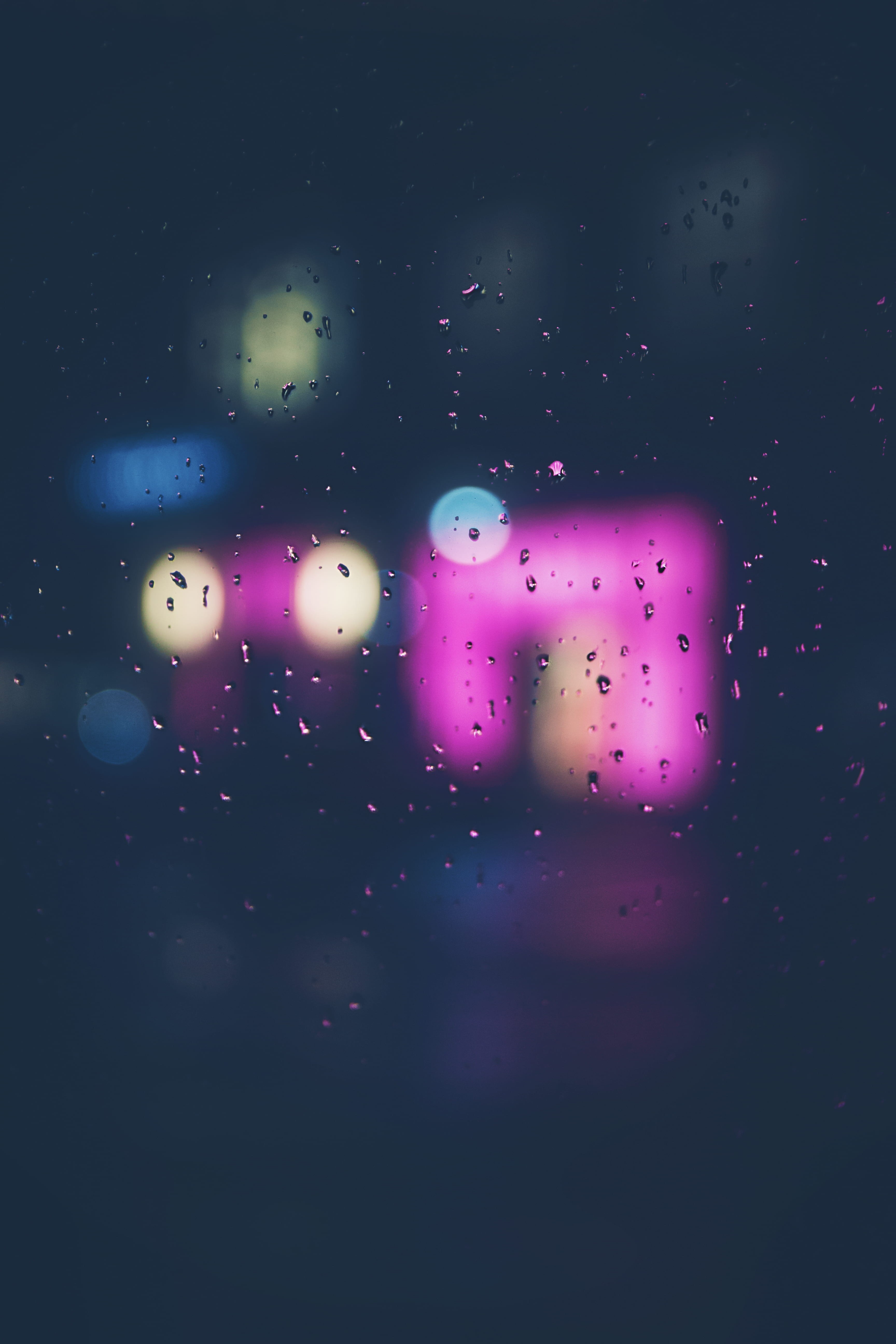 lights, black, city, signage, neon, water, indoors, multi colored, 5K, photography, illuminated, dark, defocused, abstract, wet, droplets, transparent, Phone HD Wallpaper
