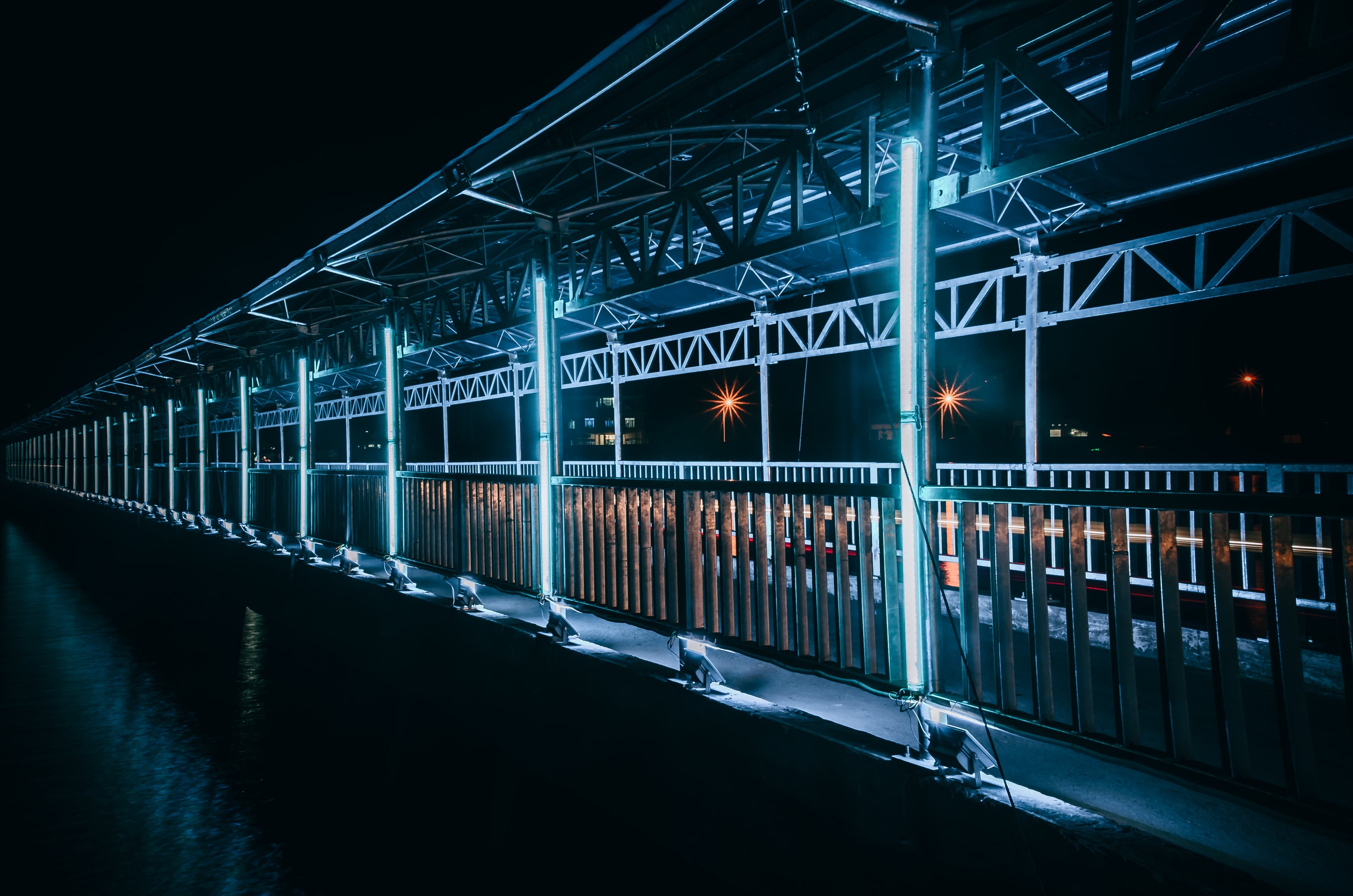 railing, light - natural phenomenon, photo light, vietnam, harbour bridge, quang ninh, night, water, transportation, neon, illuminated, space, slow shutter, HD Wallpaper