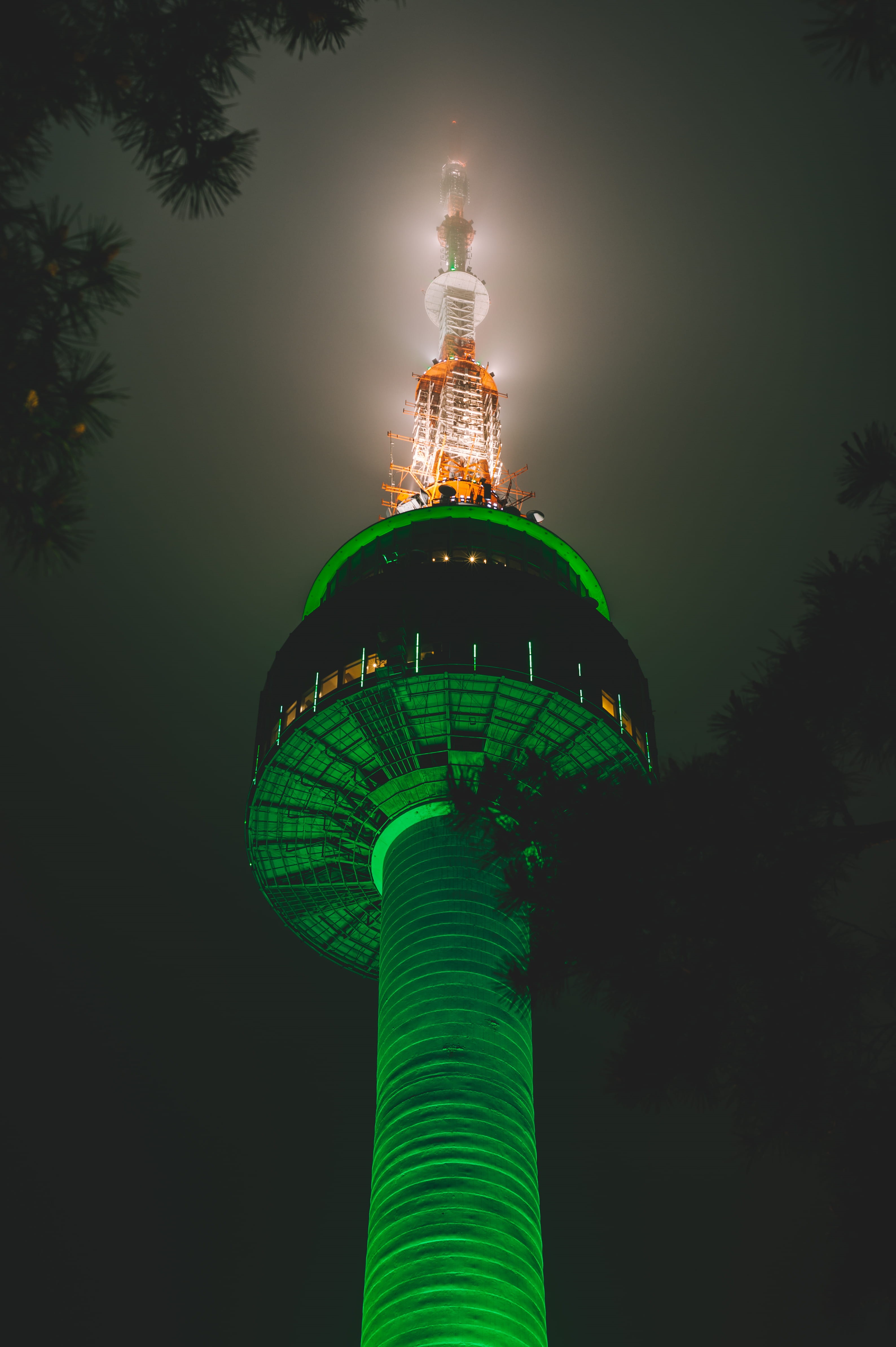 structure, sky, photography, shining, travel, nighttime, travel destinations, outdoors, no people, office building exterior, green color, spire, looking up, Phone HD Wallpaper