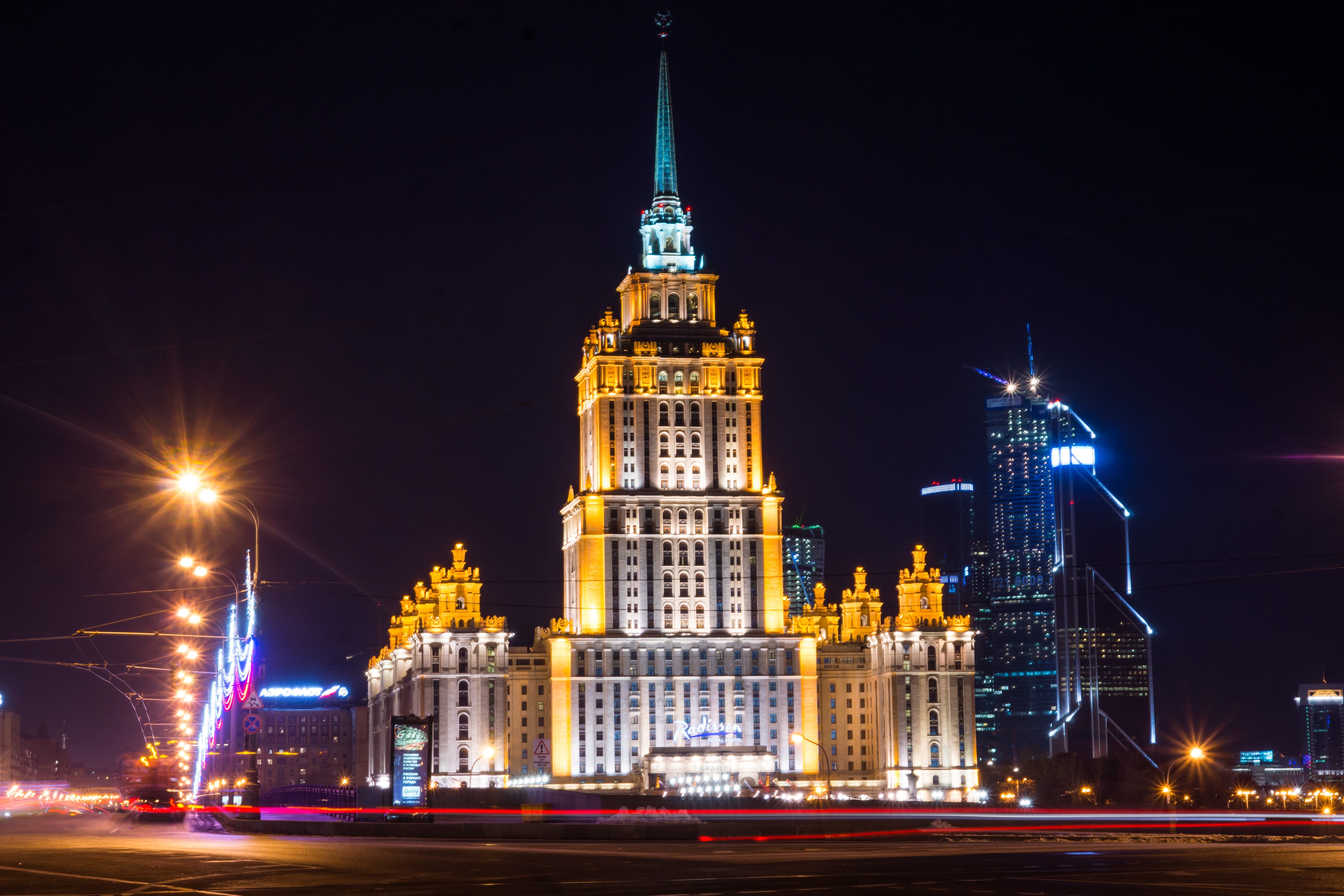 building exterior, clock, government, architecture, night city, tower, city, nature, no people, beige, street, illuminated, 5K, concrete, long exposure, HD Wallpaper