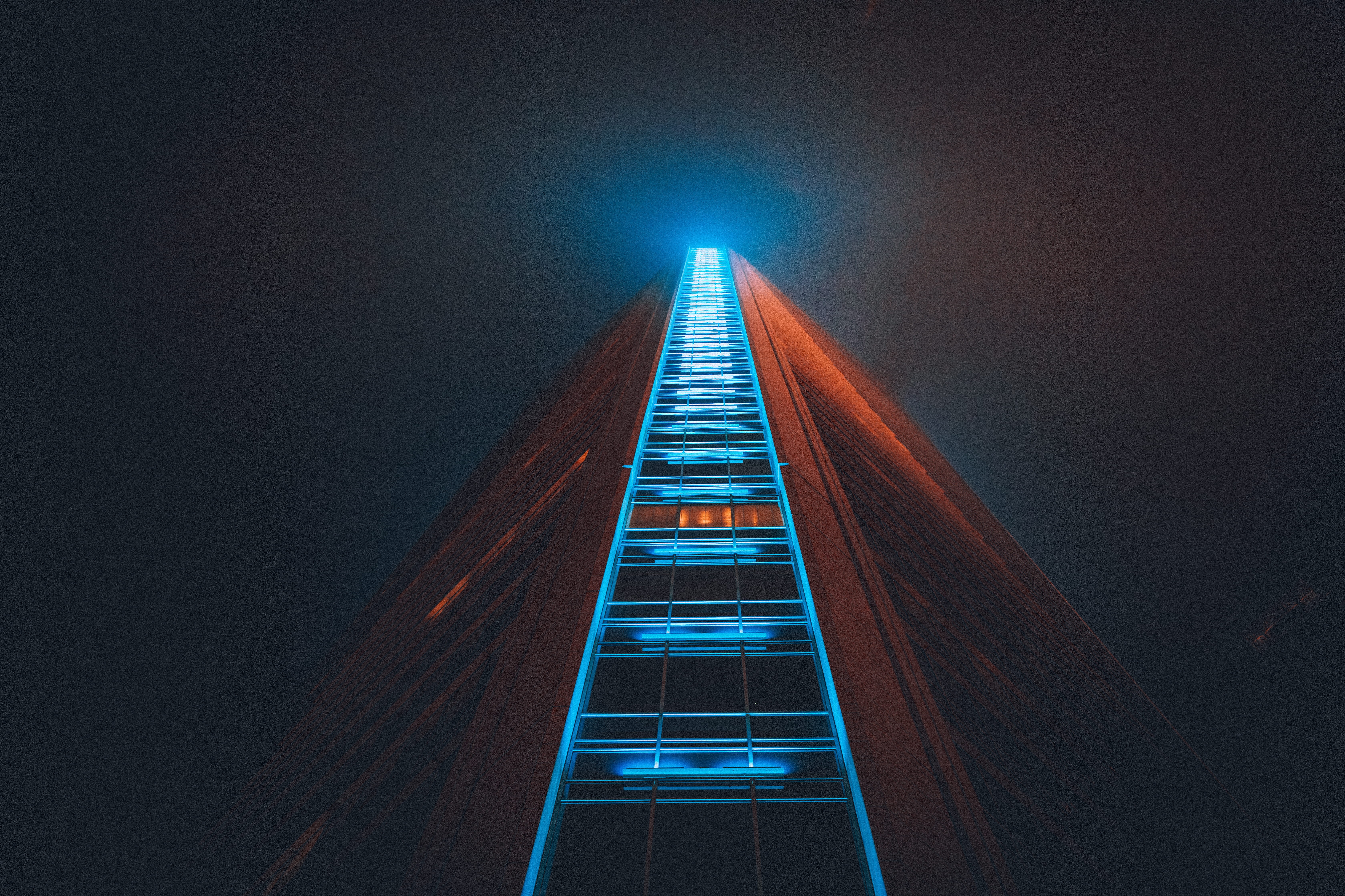 ladder, low, lighting equipment, worm, urban, light, triangle shape, futuristic, led, building exterior, night, outdoors, rise, sky, tower, 5K, low angle view, HD Wallpaper