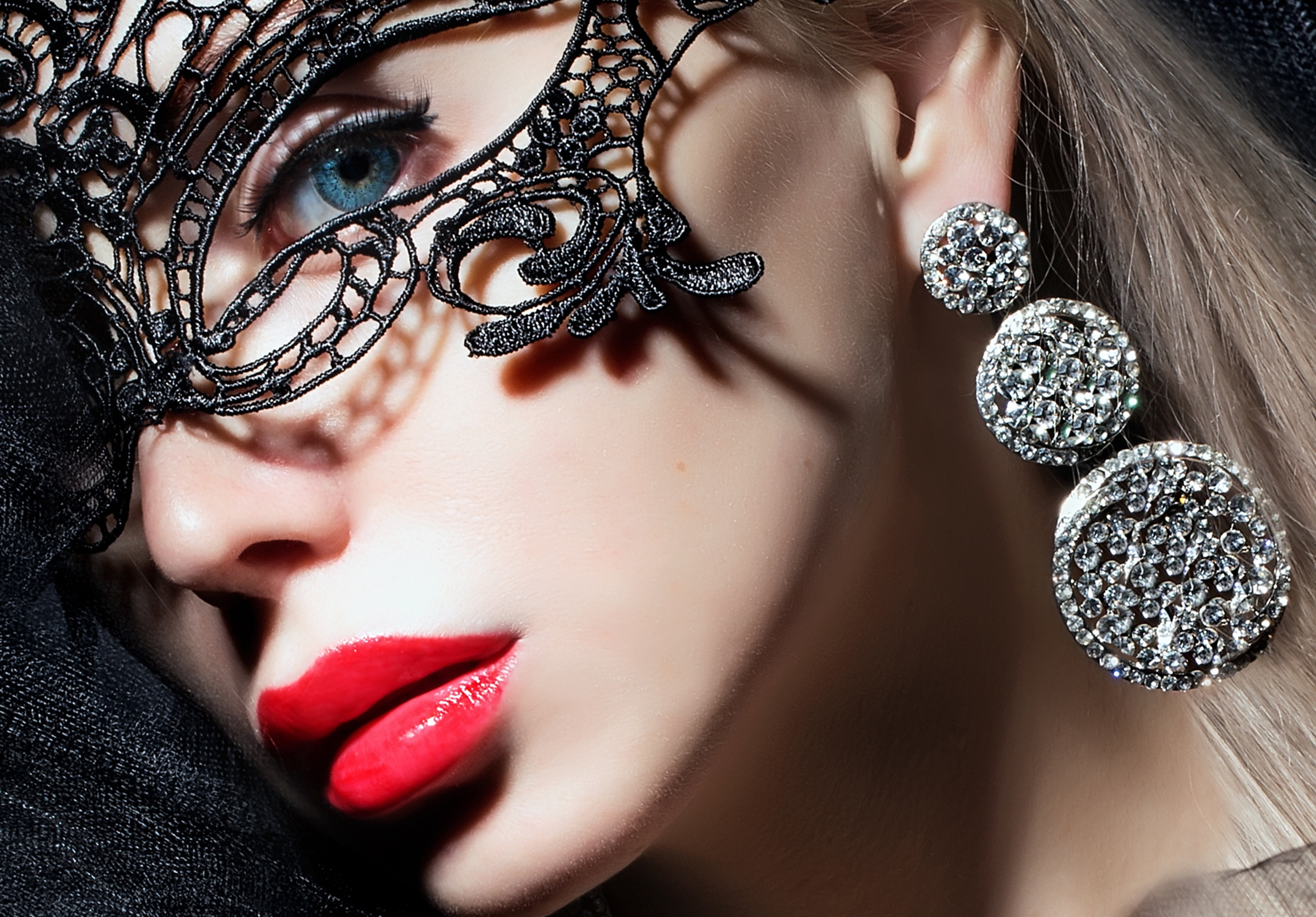 girl, red, face, makeup, mask, lips, eyes, 8K, HD Wallpaper