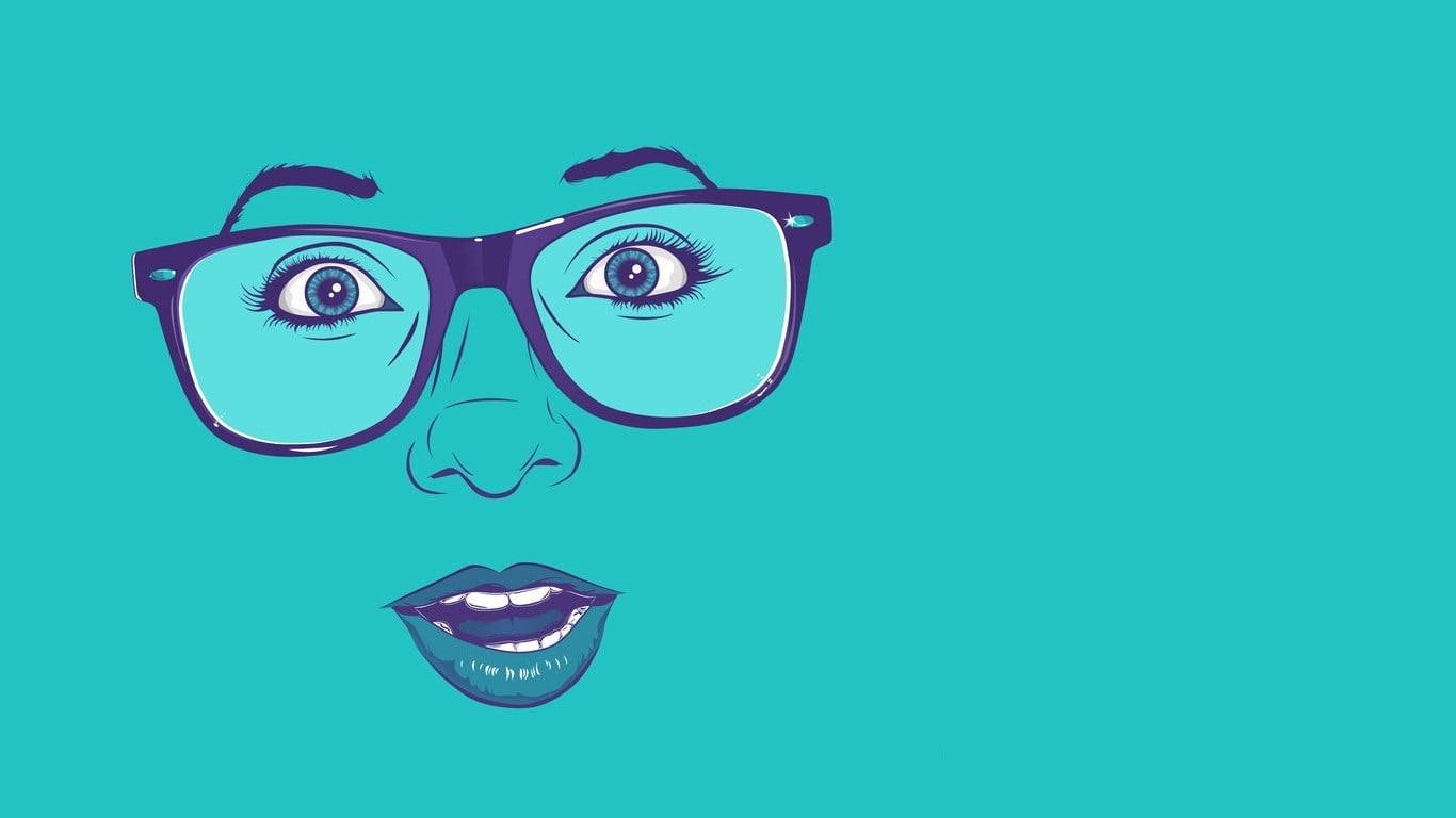 eyeglasses, 720P, lips, cyan background, eyes, humor, face, people, cartoon, copy space, colored background, body part, human body part, blue, green color, HD Wallpaper