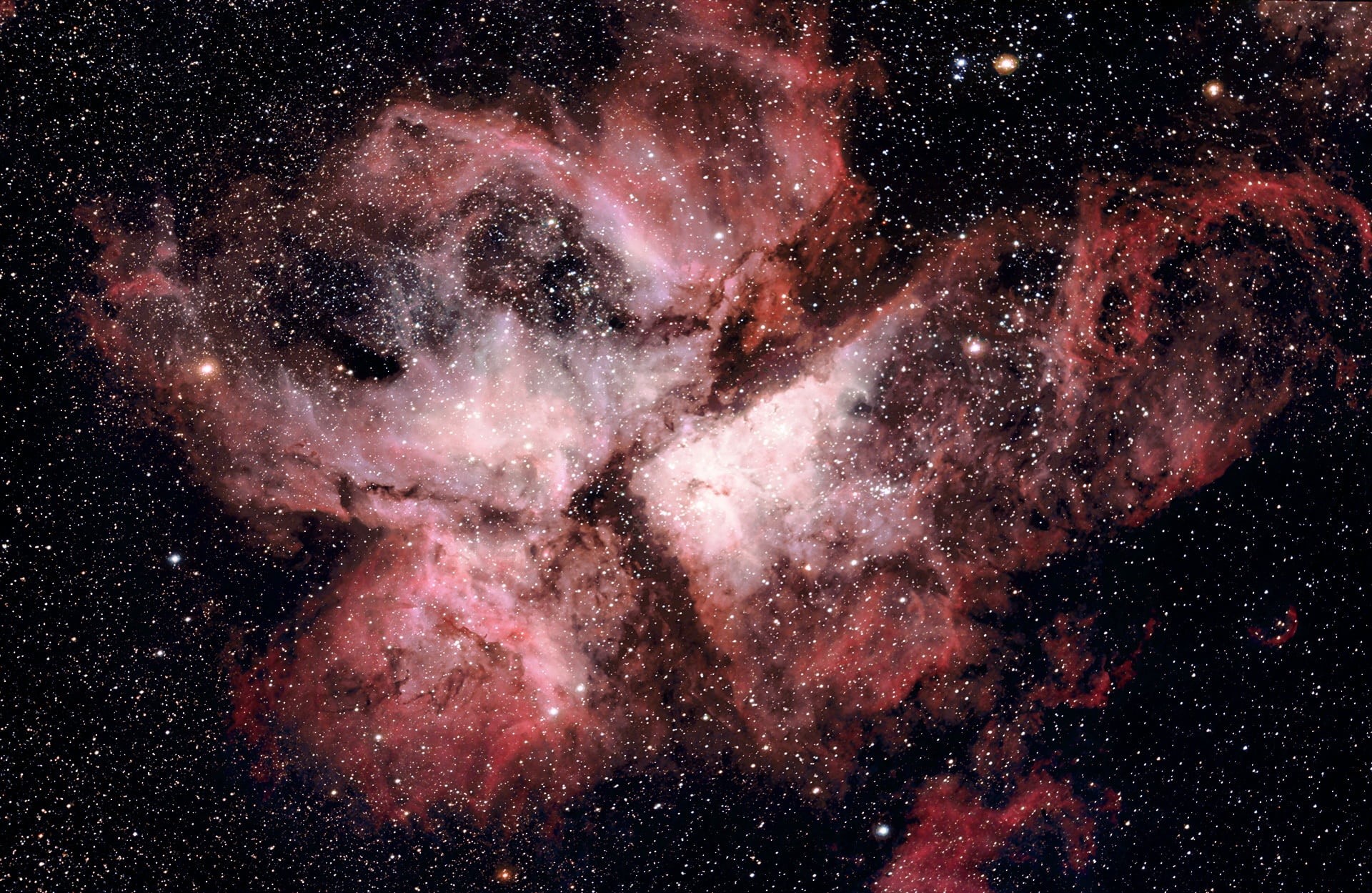 red, star - space, telescope, trumpler 16, dust, light, painting, galaxy, stars, pillar, nature, celestial, ngc 3372, carina nebula, mystery, black, formation, HD Wallpaper