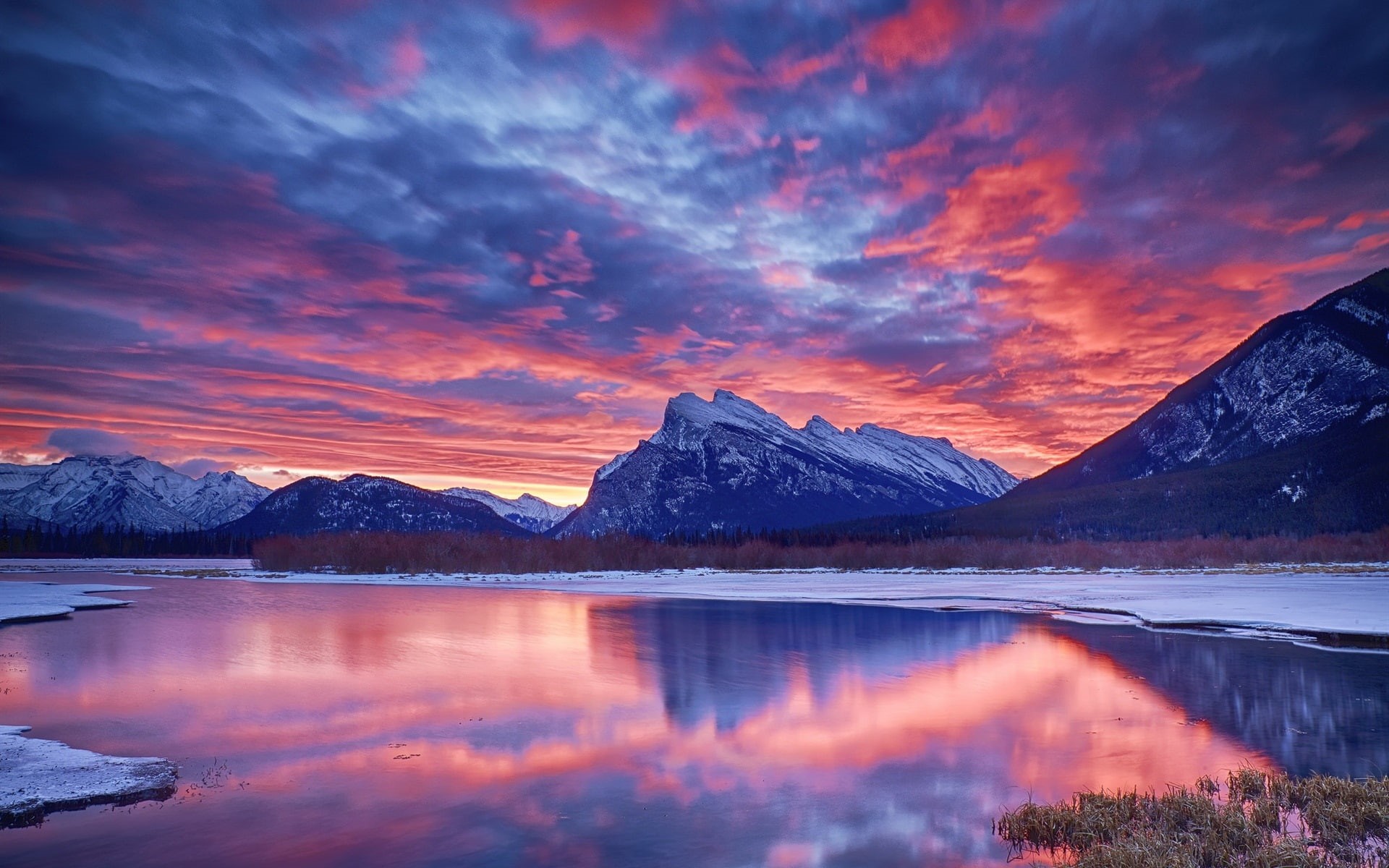 Sky, Winter, Clouds, Mountain, Lake, Sunset, 1080P, Snow, Glow, HD Wallpaper