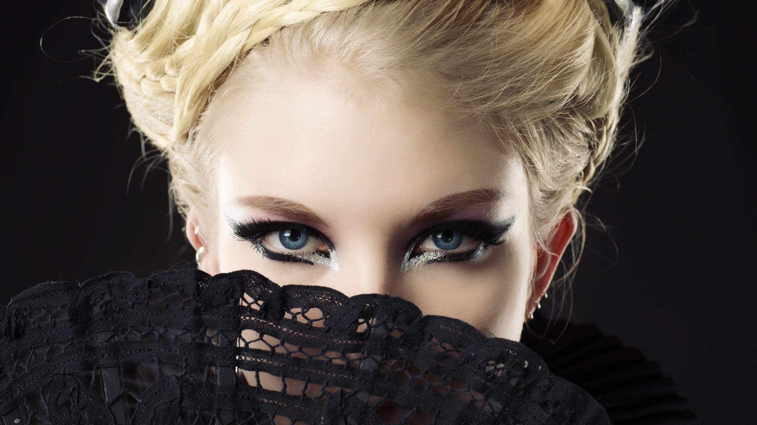 eyes, makeup, young adult, fashion, one person, face, hairstyle, human face, beauty, eye, portrait, young women, dark, adult, blue eyes, headshot, black background, HD Wallpaper