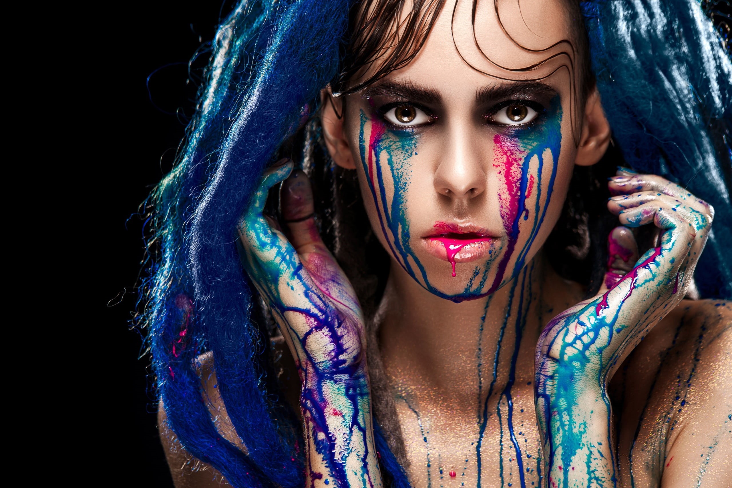 looking at camera, black background, colorful, portrait, carnival - celebration event, indoors, headshot, make-up, multi colored, face paint, beauty, beautiful woman, HD Wallpaper