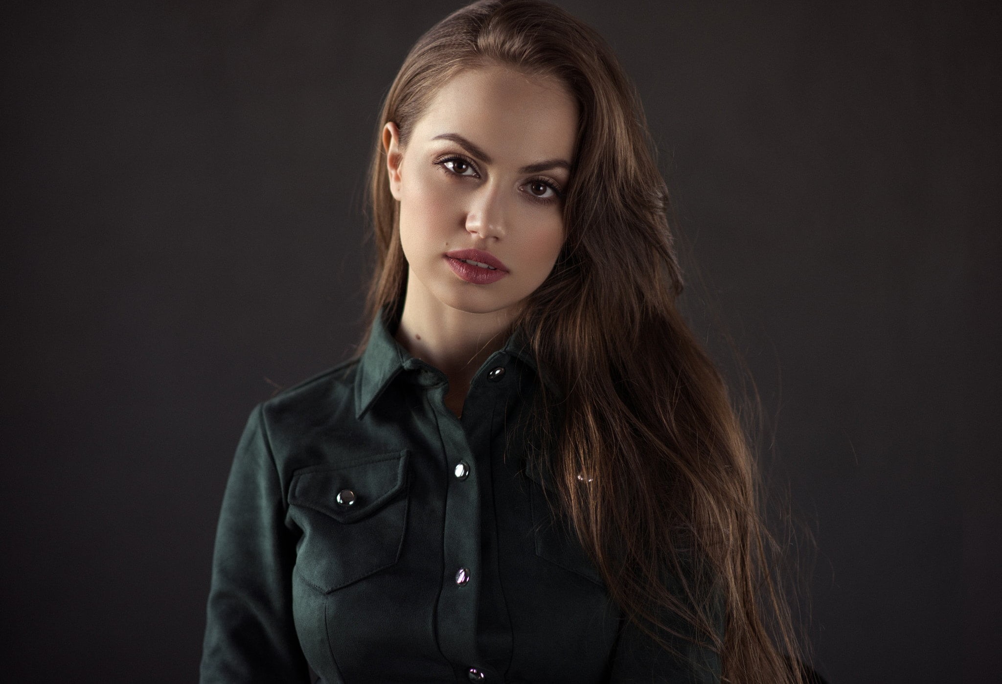 brunette, fashion, indoors, women, makeup, black shirt, brown eyes, young adult, face, simple background, beauty, looking at viewer, hairstyle, studio shot, HD Wallpaper
