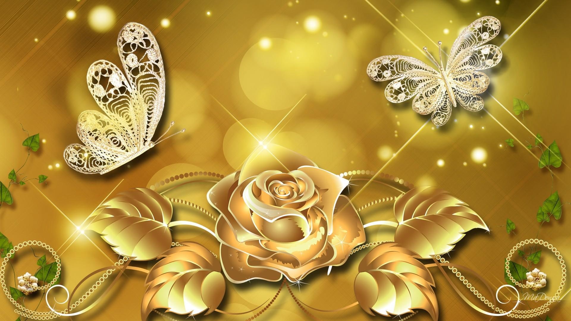 butterfly, illustration, bokeh, papillon, rose, shine, flower, yellow, stars, sparkle, golden, 1080P, background, rich, gold, fleur, glow, luxurious, HD Wallpaper