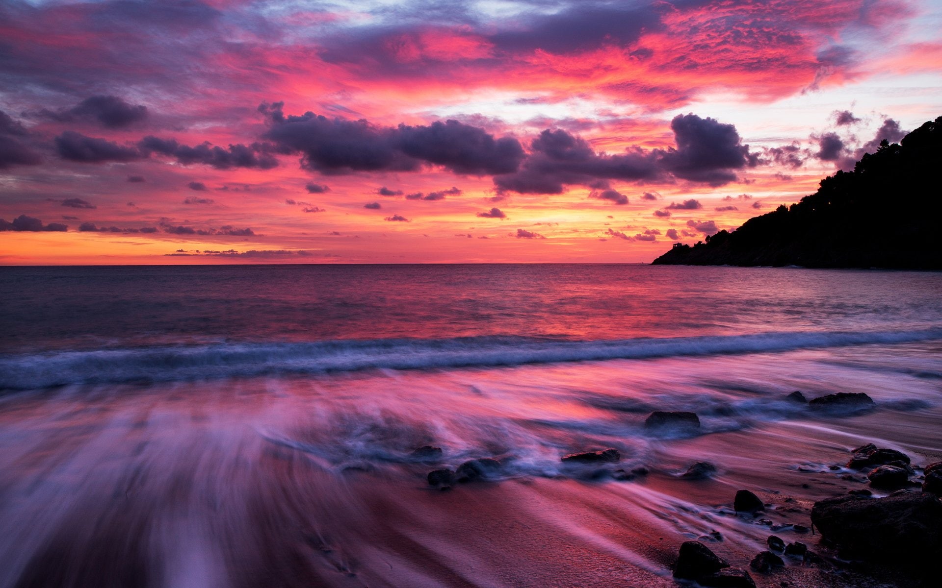 Purple, Rock, 1080P, Sunset, Beach, Earth, Horizon, Pink, Sky, HD Wallpaper