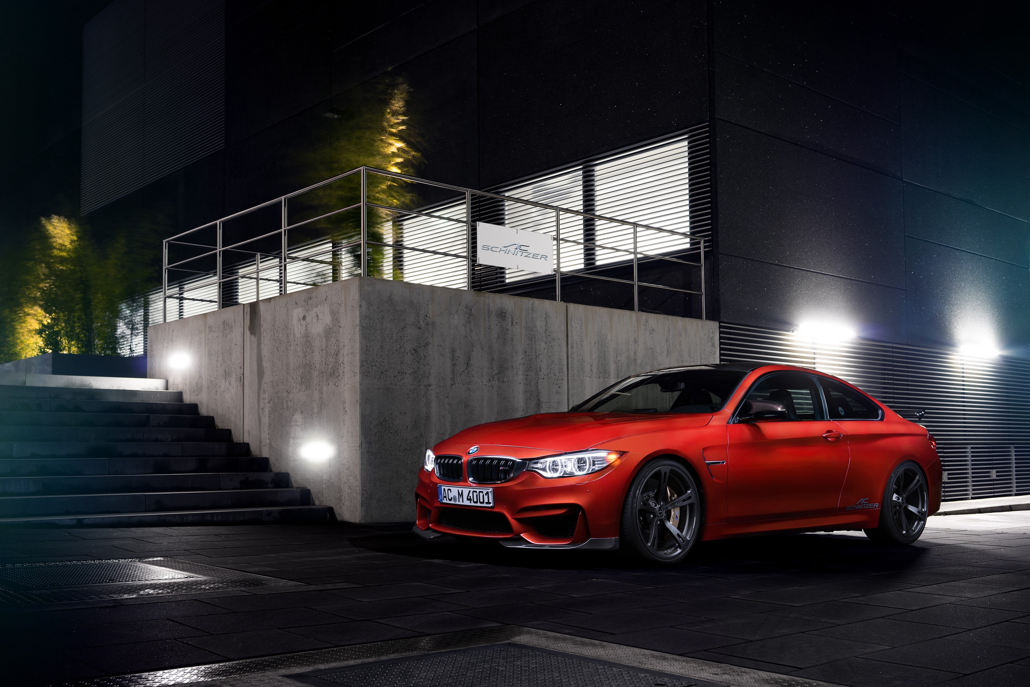 sports car, mode of transportation, garage, motion, night, no people, street, BMW M4 Coupe, parking lot, BMW, red, shiny, illuminated, transportation, land vehicle, HD Wallpaper