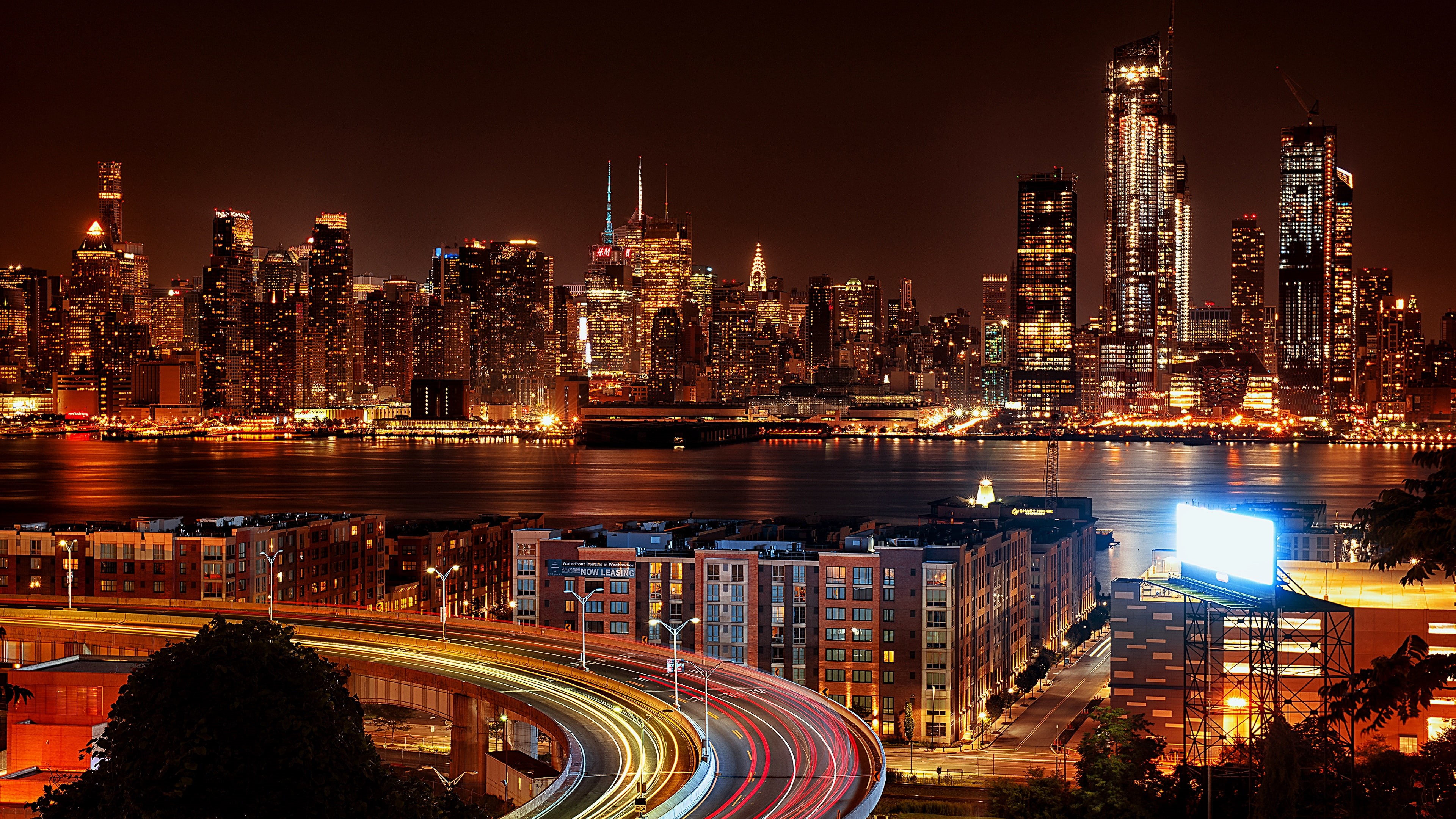 long exposure, 4K, united states, reflection, night, skyscraper, new york city, metropolis, cityscape, light trails, city, skyline, HD Wallpaper