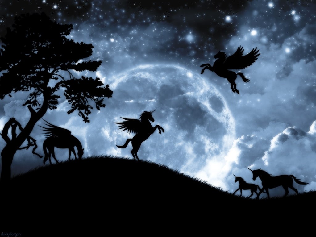 blue, white, 480P, Fantasy night, moon, horse, night, pegasus, summer, unicorn, fantasy, luna, silhouette, luminos, HD Wallpaper