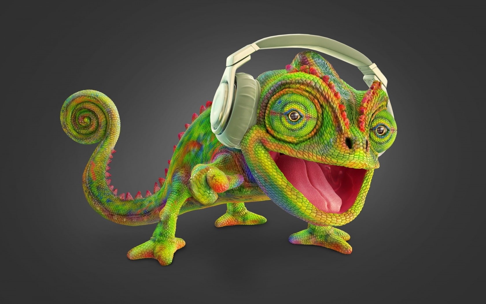 headphones, Chameleon, luminos, 720P, green, rhenan fidelis, pink, fantasy, HD Wallpaper