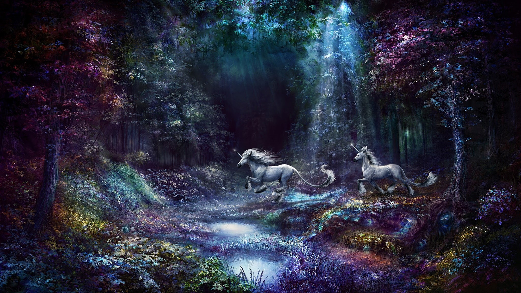 horses, trees, jump, picture, horse, art, pond, two unicorns, river, forest, stream, white, fairy forest, 1080P, flowers, fantasy, purple, tale, fabulously, HD Wallpaper