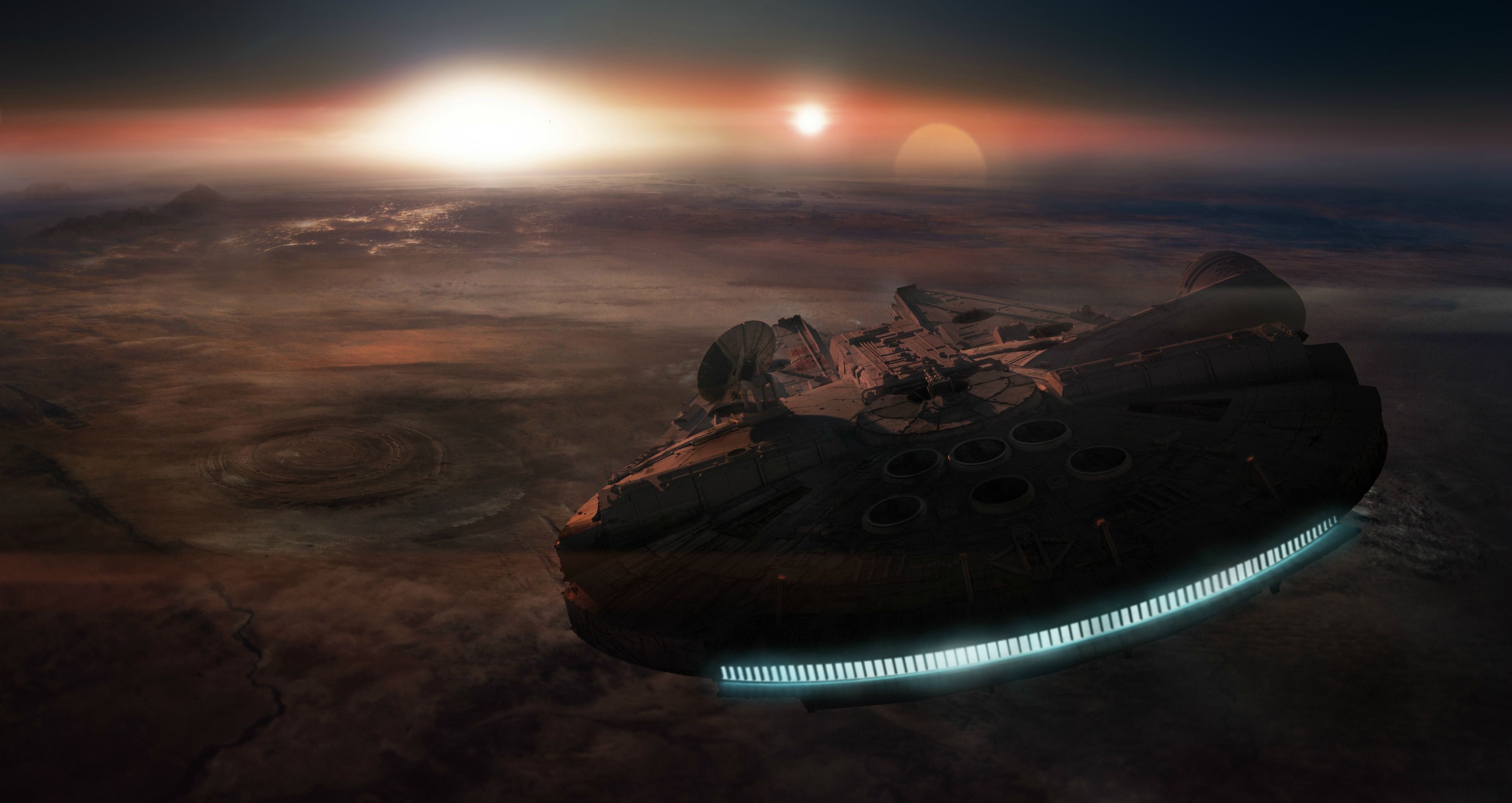beauty in nature, air vehicle, planet - space, scenics - nature, sunset, horizon, nature, universe, cloud - sky, Millennium Falcon, metal, spaceship, high angle view, HD Wallpaper