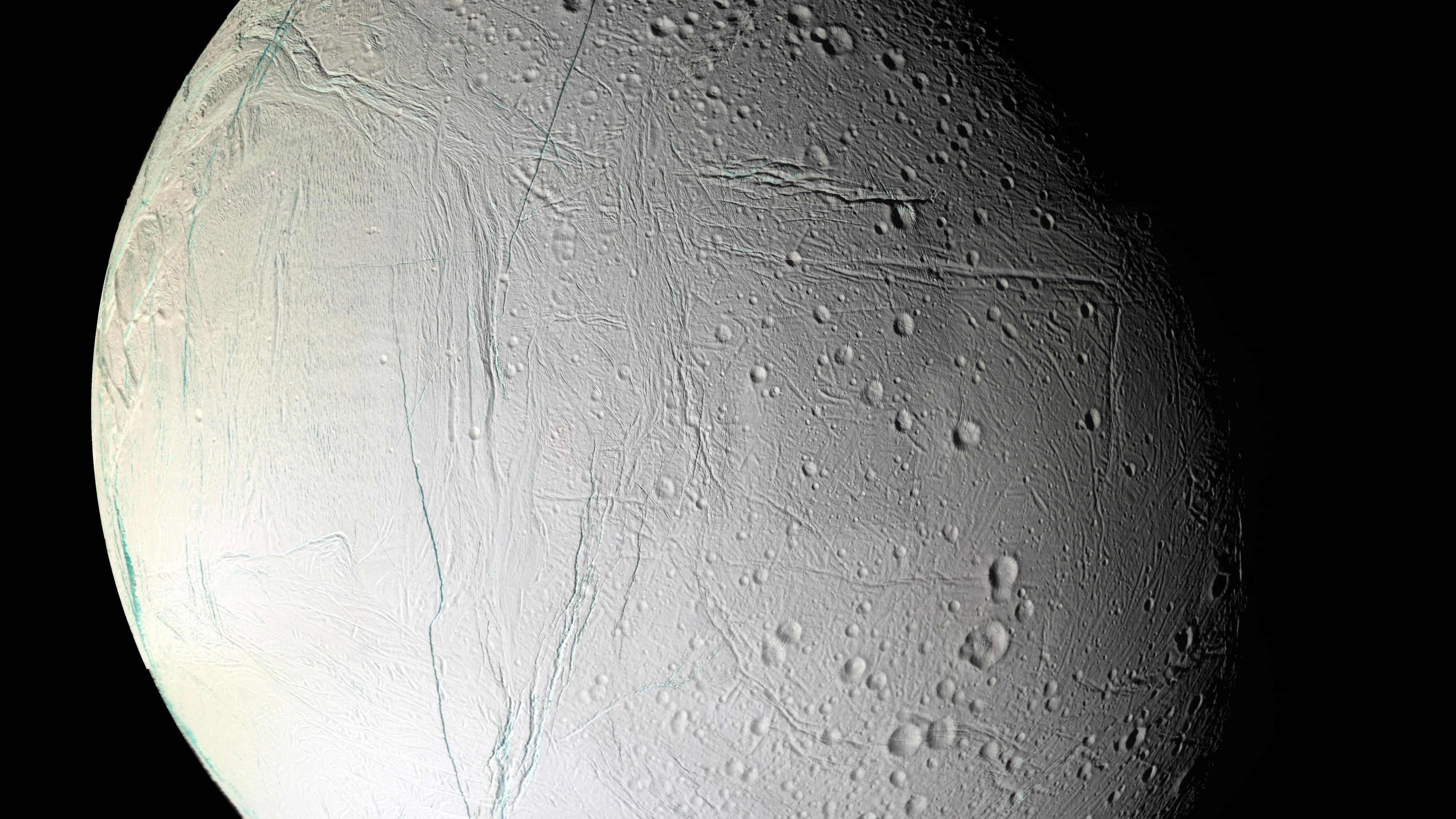 sphere, crater, cassini, satellite, science, cosmos, 5K, space exploration, 5k uhd, 5k, solar system, space, celestial body, nasa, rock, enceladus, surface, HD Wallpaper
