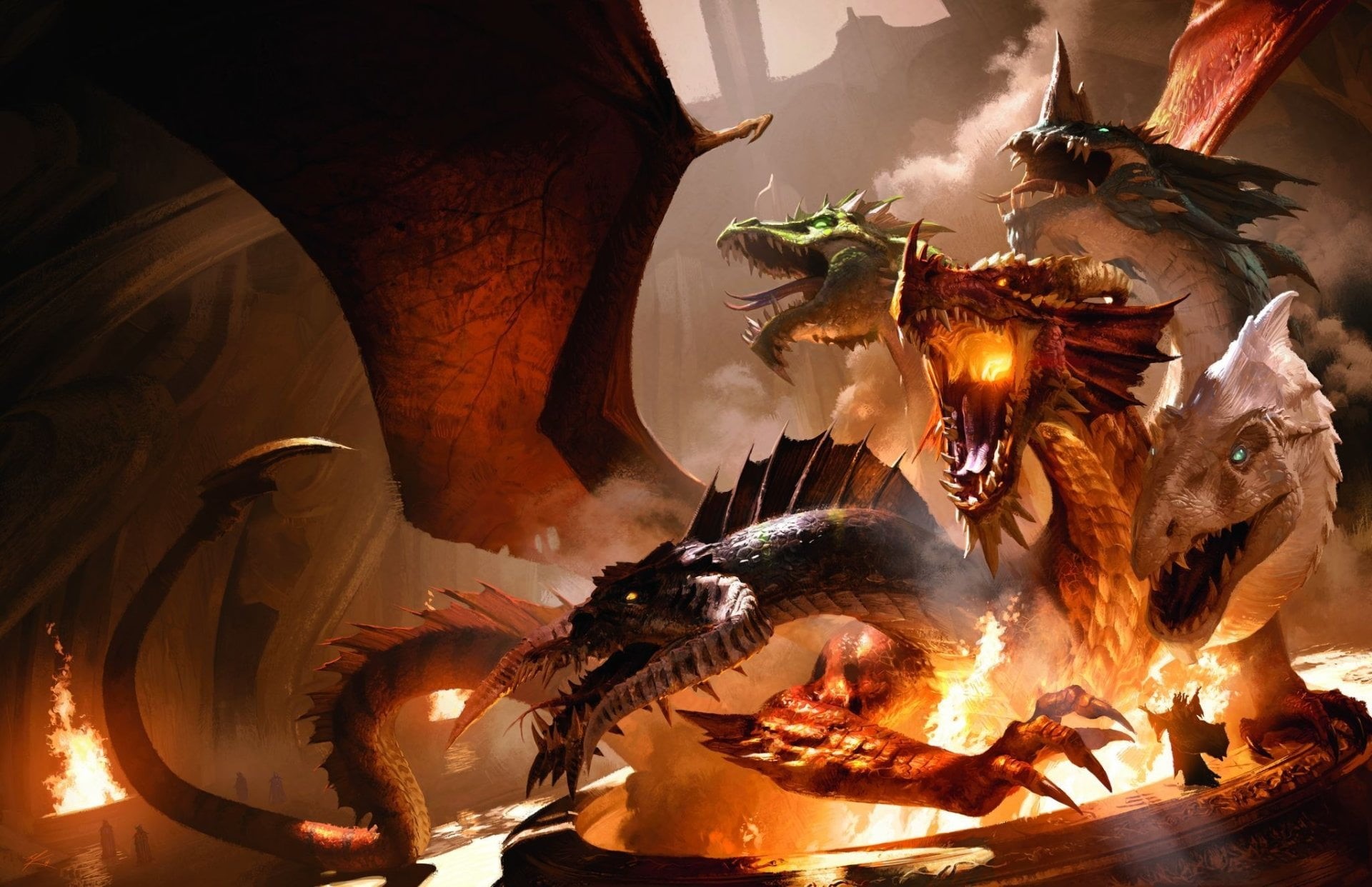illuminated, Tiamat (Dungeons and Dragons), Dungeons and Dragons, fire, burning, animal themes, night, animal wildlife, flame, Hydra, group of animals, HD Wallpaper