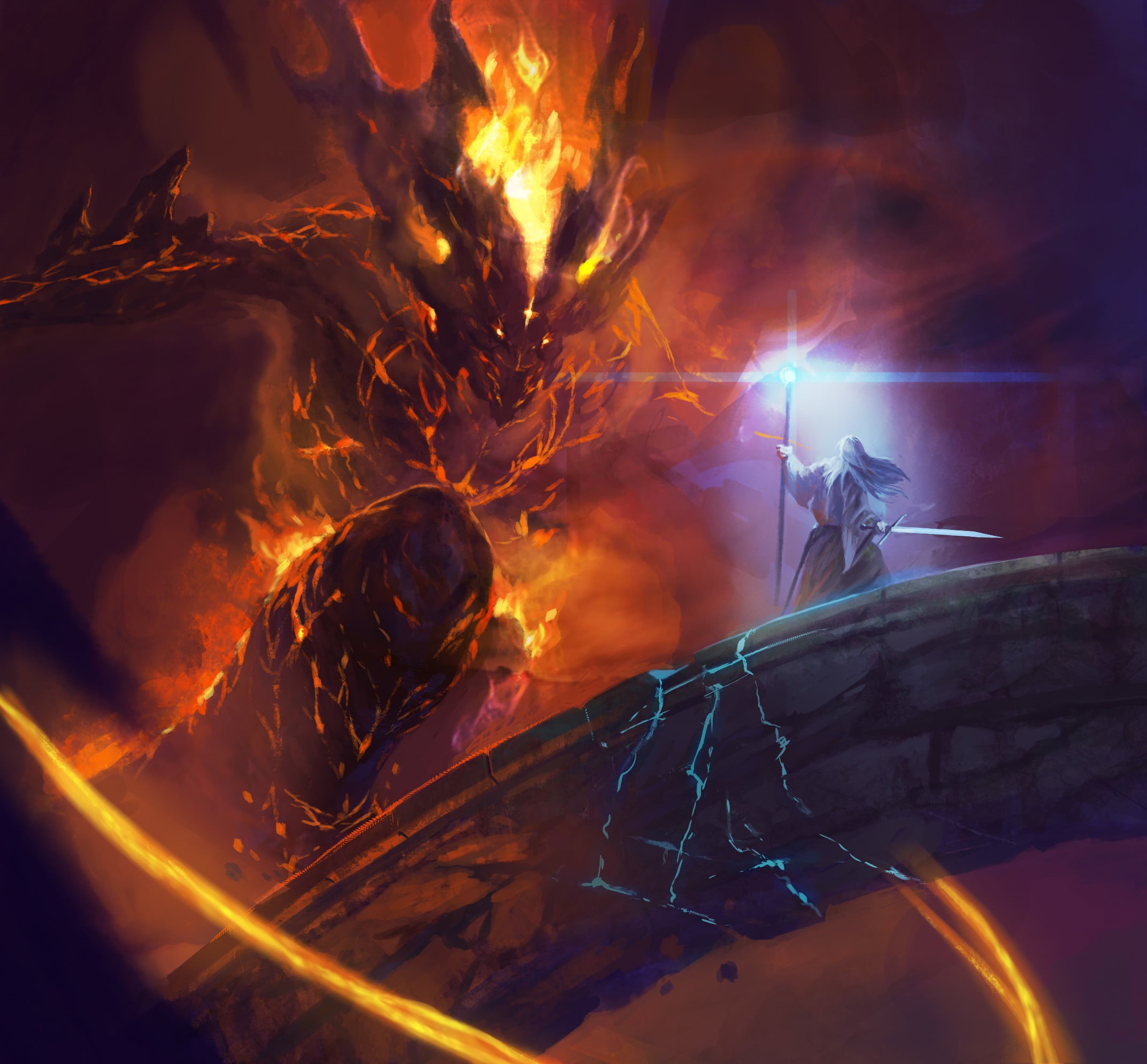 protection, Balrog, occupation, sport, communication, sign, nature, working, fight, adult, Lord of the rings, security, fire, grey, bridge, risk, protective workwear, HD Wallpaper
