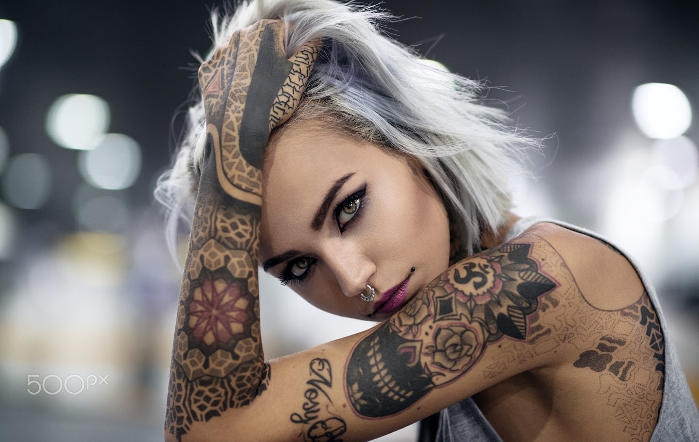 hands on head, portrait, tattoo, 500px, people, nose rings, Fishball Suicide, 720P, Felisja Piana, face, women, Luca Foscili, model, HD Wallpaper