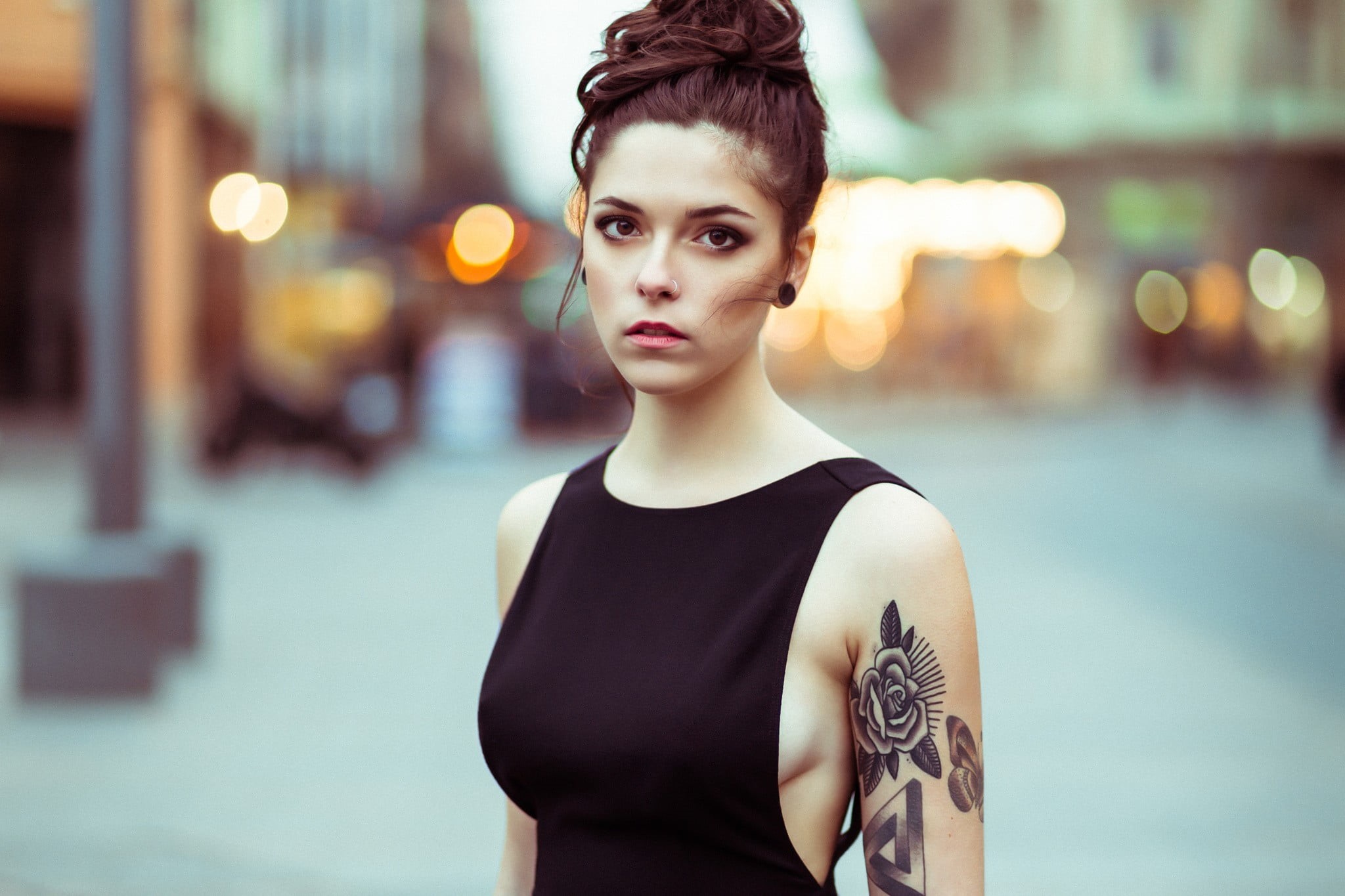 hair, sleeveless, 1080P, beautiful woman, portrait, looking at camera, beautiful people, young women, depth of field, beauty, black, sideboob, adult, pierced nose, HD Wallpaper