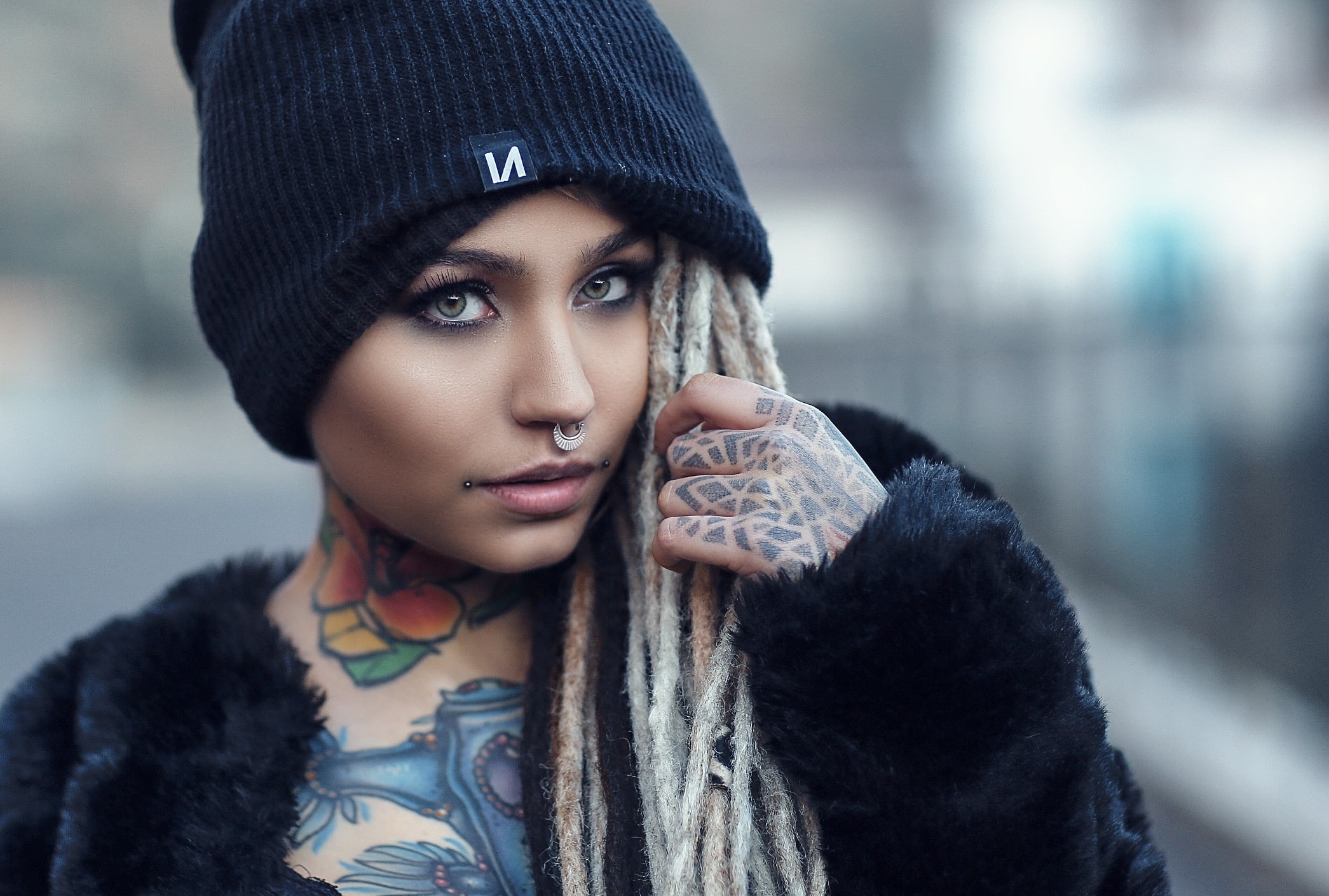 portrait, hat, 1080P, Fishball Suicide, looking at viewer, tattoo, model, face, women, nose rings, HD Wallpaper