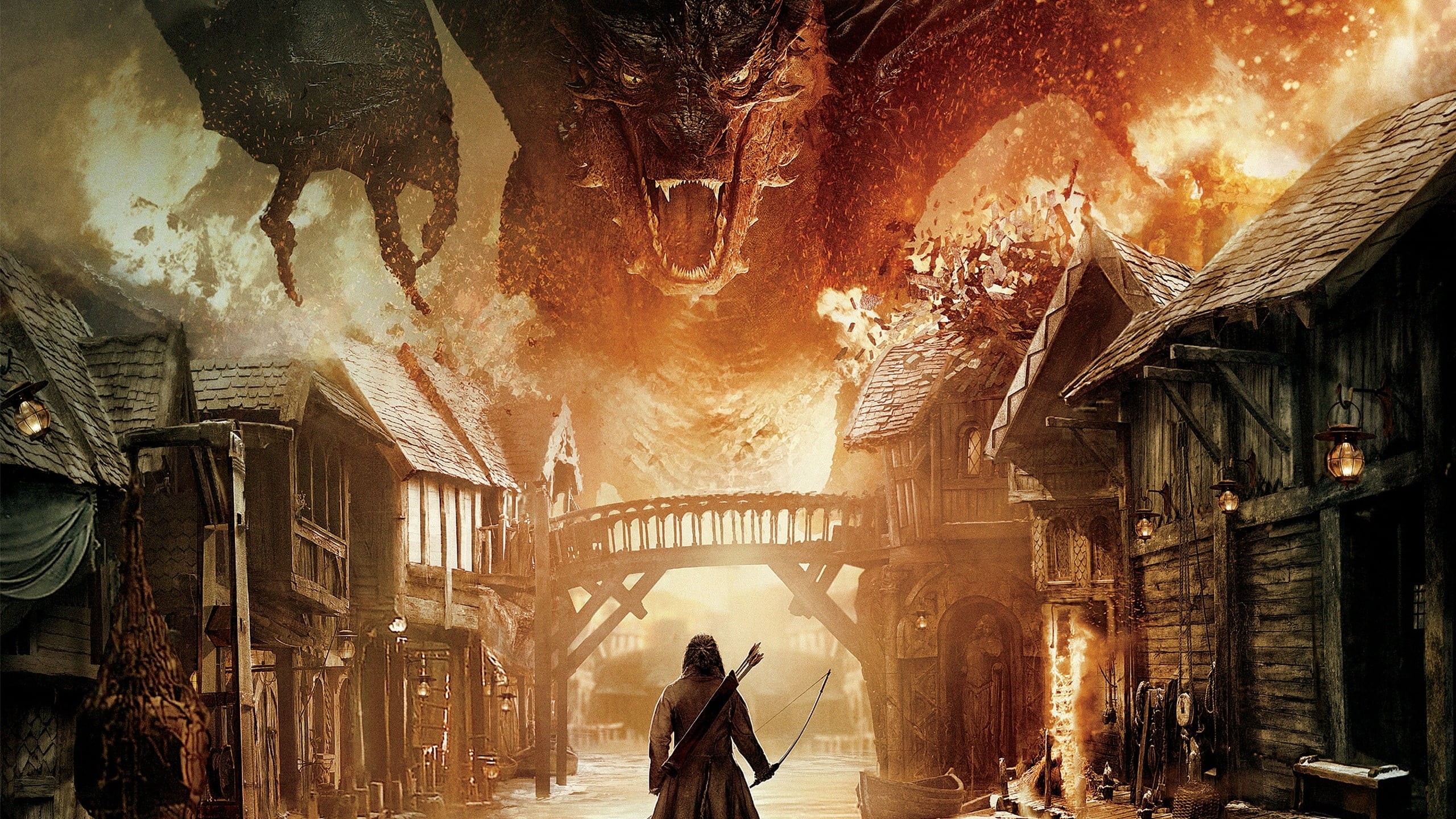 2K, building exterior, building, lifestyles, city, movies, built structure, rear view, night, street, men, leisure activity, Smaug, real people, The Hobbit: The Desolation of Smaug, HD Wallpaper