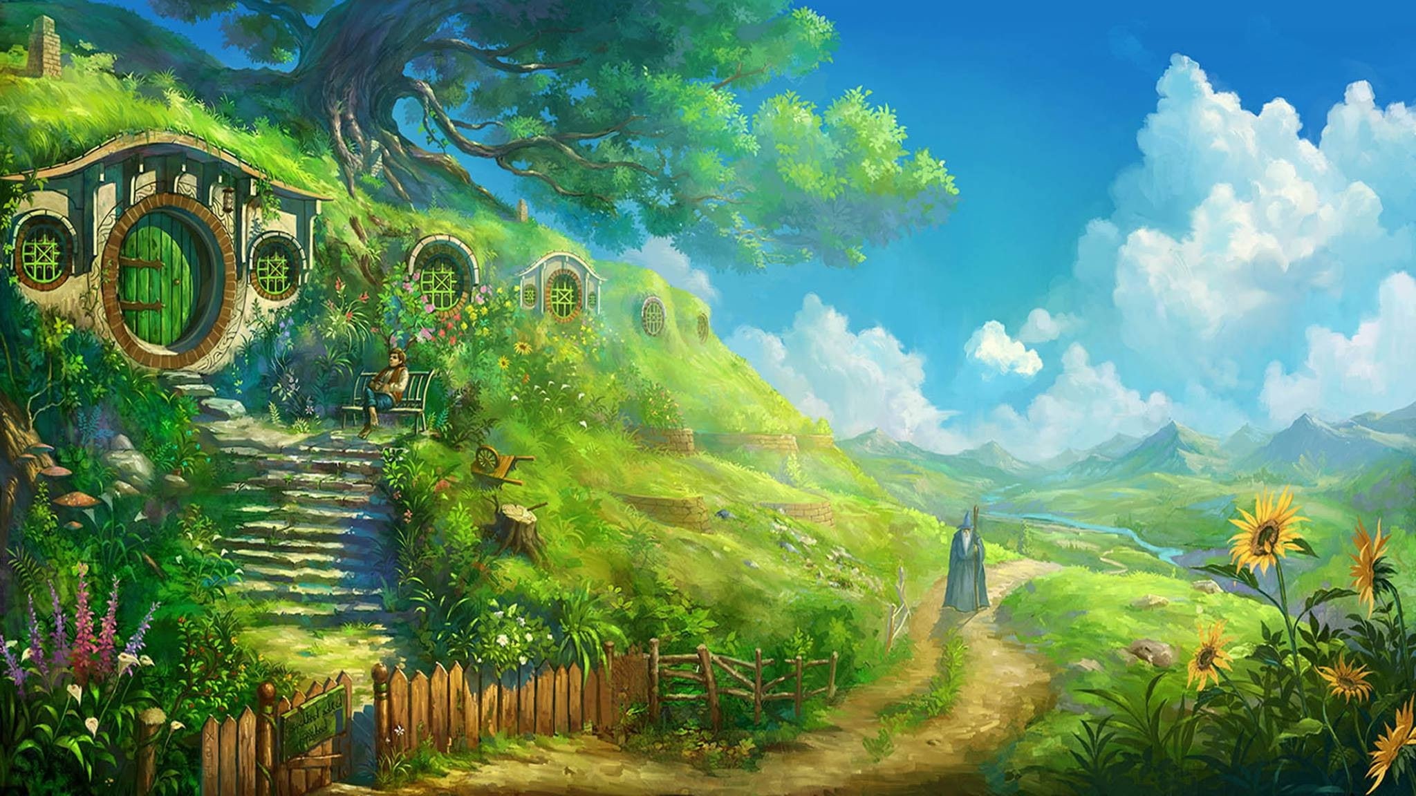 green color, beauty in nature, cloud - sky, nature, multi colored, growth, day, field, tranquil scene, water, land, The Lord Of The Rings, outdoors, 1080P, HD Wallpaper
