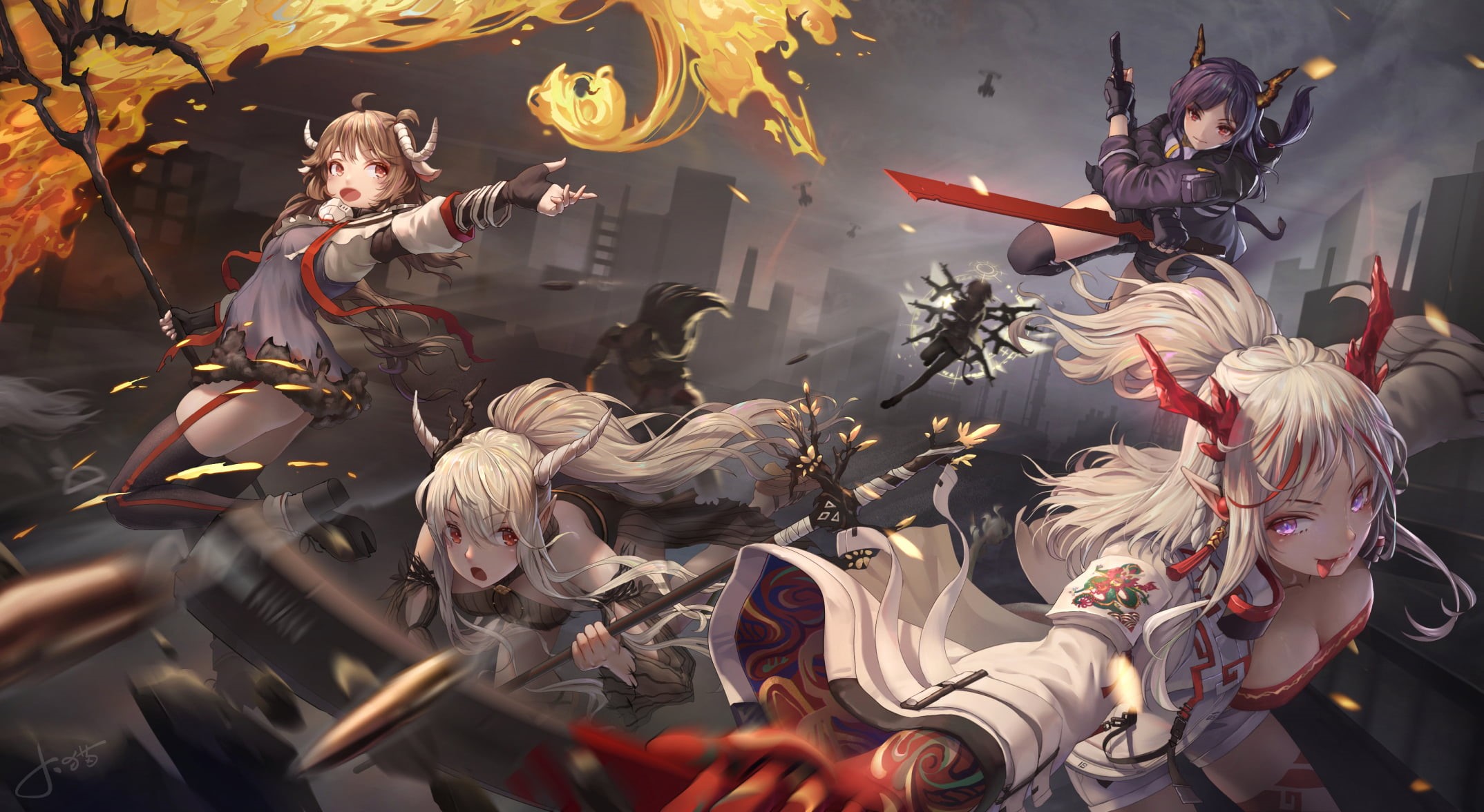 artwork, digital art, anime, science fiction, video game girls, fire, Jay Xu, 2D, video games, fantasy girl, video game art, pointed ears, anime girls, HD Wallpaper