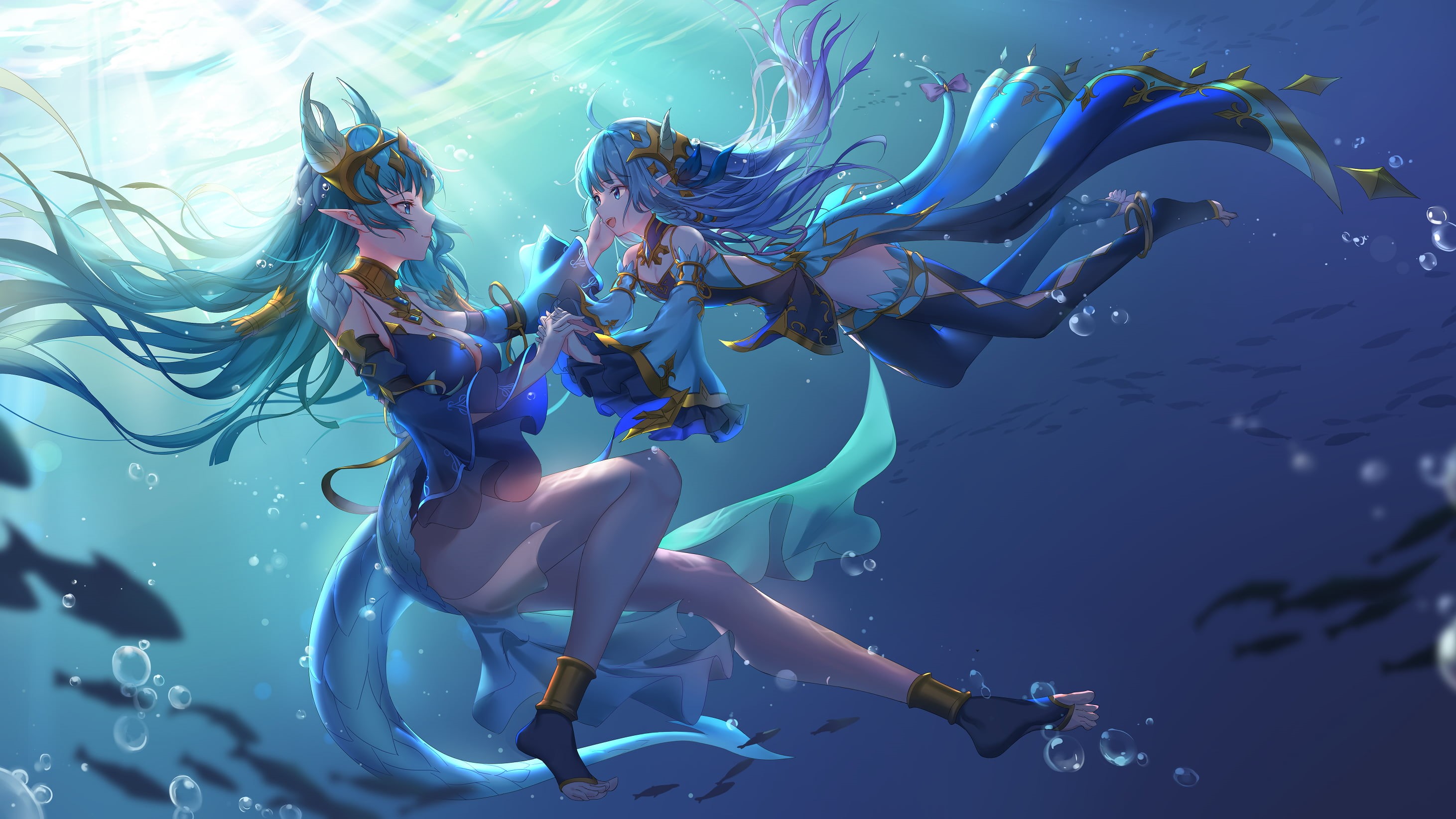 digital art, artwork, profile, underwater, dress, blue eyes, smiling, video game girls, illustration, 2K, cleavage, bubbles, video games, sea, fantasy girl, HD Wallpaper