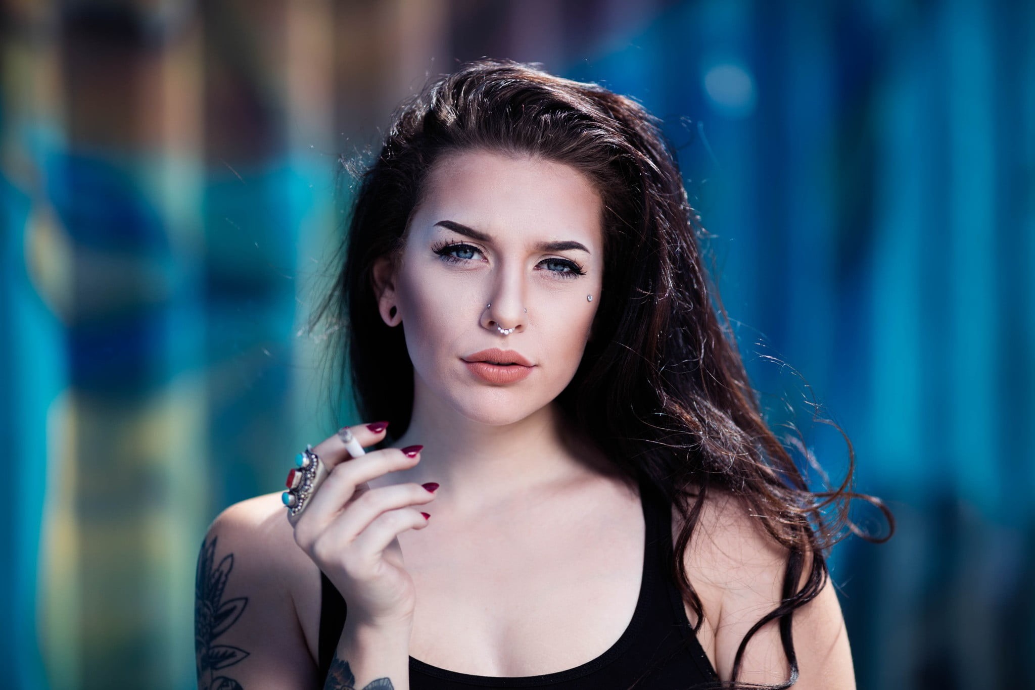 tattoo, lifestyles, tank, young women, woman, nail, face, long hair, looking at camera, top, front view, piercing, brown hair, beautiful woman, nose rings, HD Wallpaper