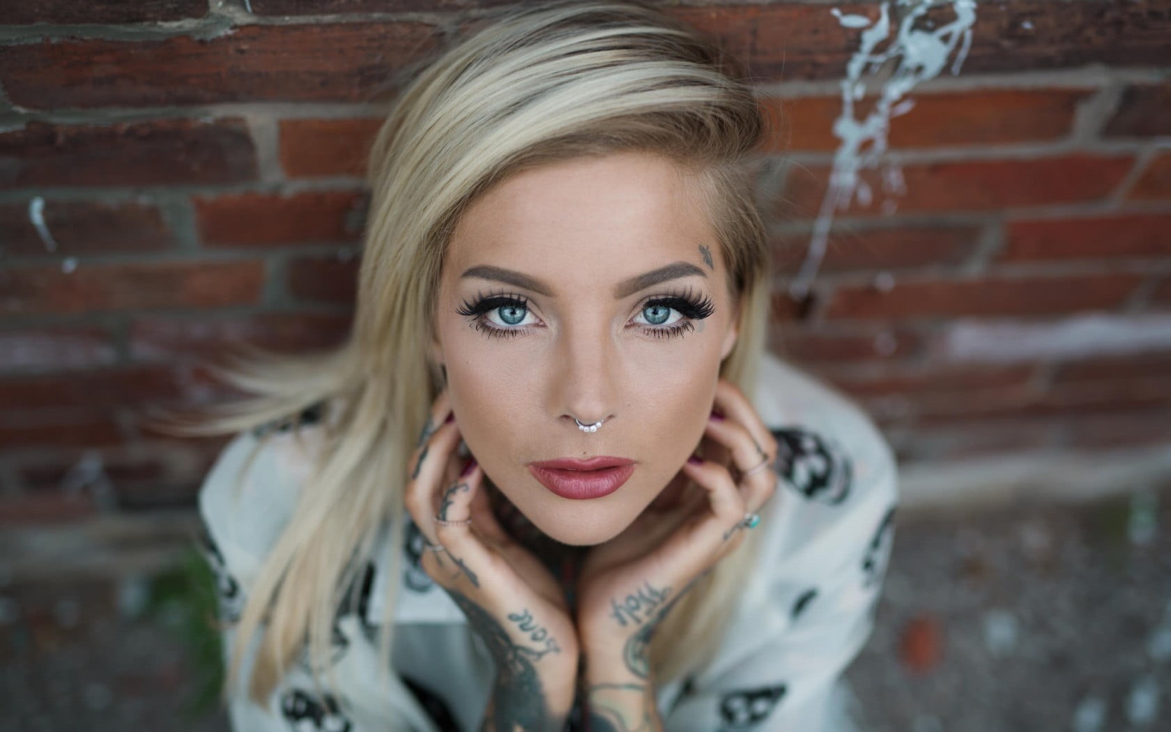 one person, nose rings, portrait, tattoo, adult, contemplation, 720P, headshot, young women, beauty, brick wall, lifestyles, young adult, hair, front view, HD Wallpaper