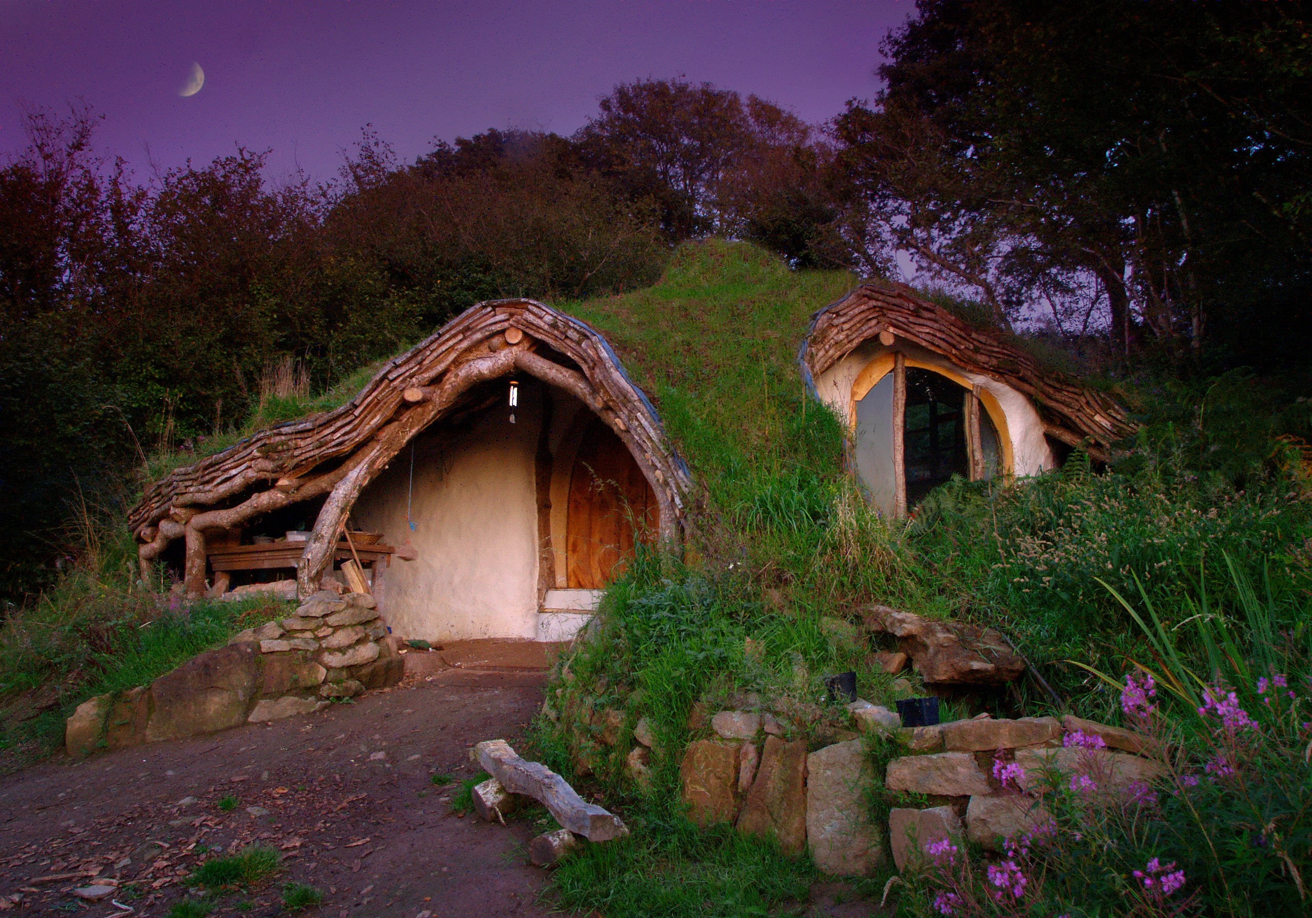 Middle earth, trees, the way forward, cabin, flowers, ruined, outdoors, purple, plant, the evening, arch, sky, village, direction, Bilbo and Frodo, fairy house, HD Wallpaper
