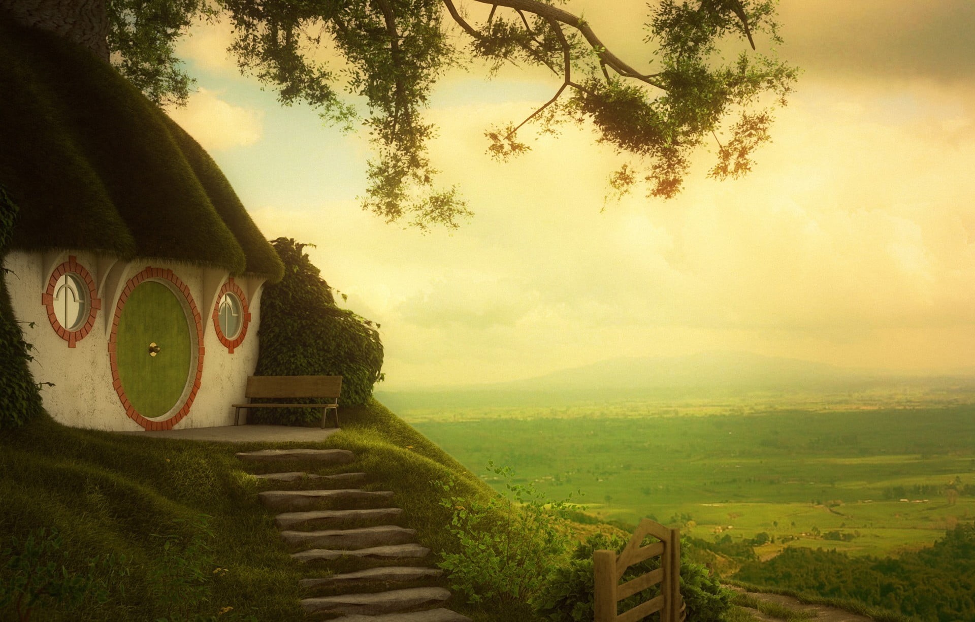 ancient, tree, art, sunset, asia, spirituality, tranquility, 1080P, greens, steps, land, forest, The Shire, travel, cultures, grass, landscape, beauty In Nature, HD Wallpaper